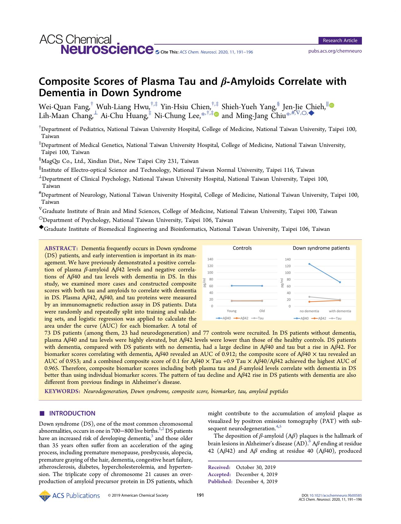 Composite Scores of Plasma Tau and Î²-Amyloids Correlate with Dementia in Down Syndrome by unknow