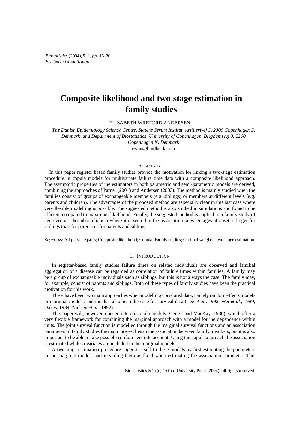 Composite likelihood and two-stage estimation in family studies by Andersen E.W