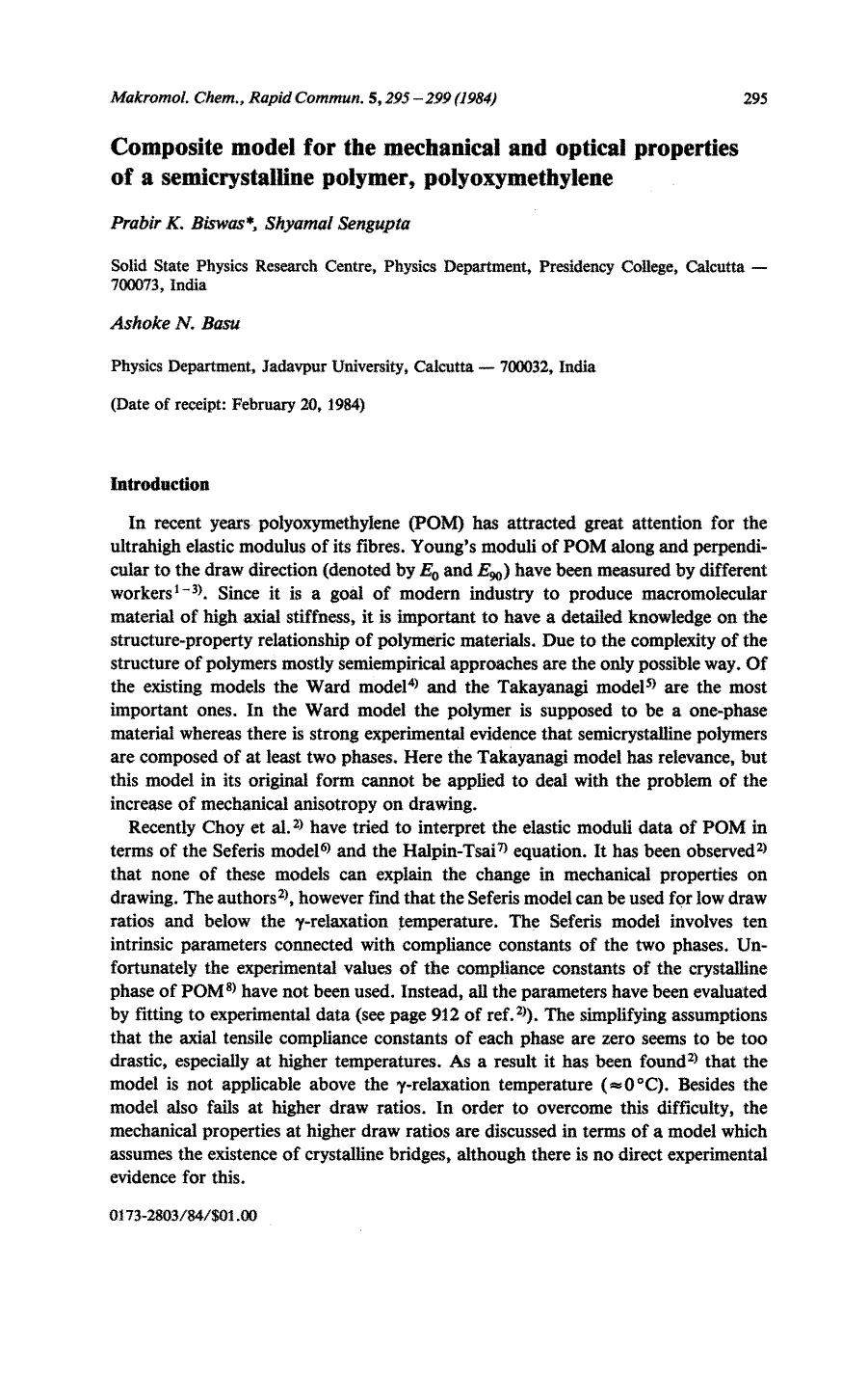 Composite model for the mechanical and optical properties of a semicrystalline polymer, polyoxymethylene by Unknown
