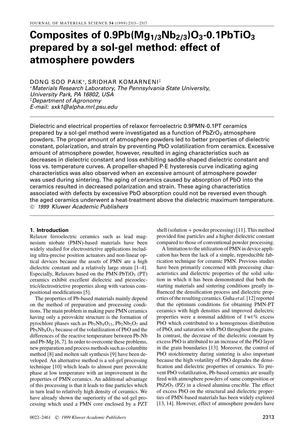 Composites of 0.9Pb(Mg13Nb23)O3-0.1PbTiO3 prepared by a sol-gel method: effect of atmosphere powders by Unknown