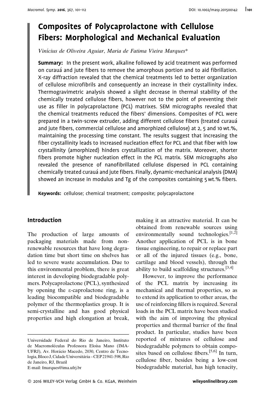 Composites of Polycaprolactone with Cellulose Fibers: Morphological and Mechanical Evaluation by Unknown