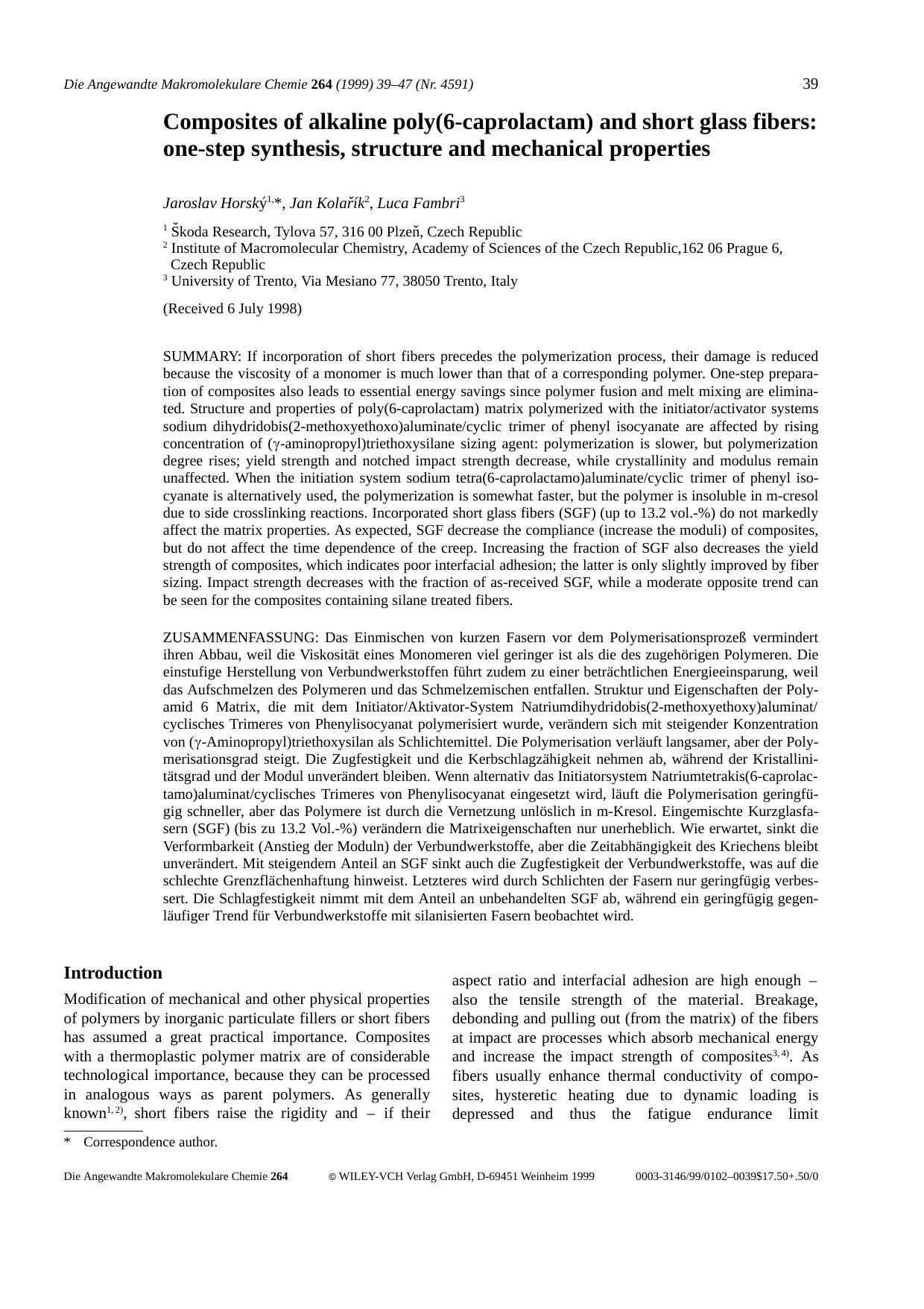 Composites of alkaline poly(6-caprolactam) and short glass fibers: one-step synthesis, structure and mechanical properties by Unknown