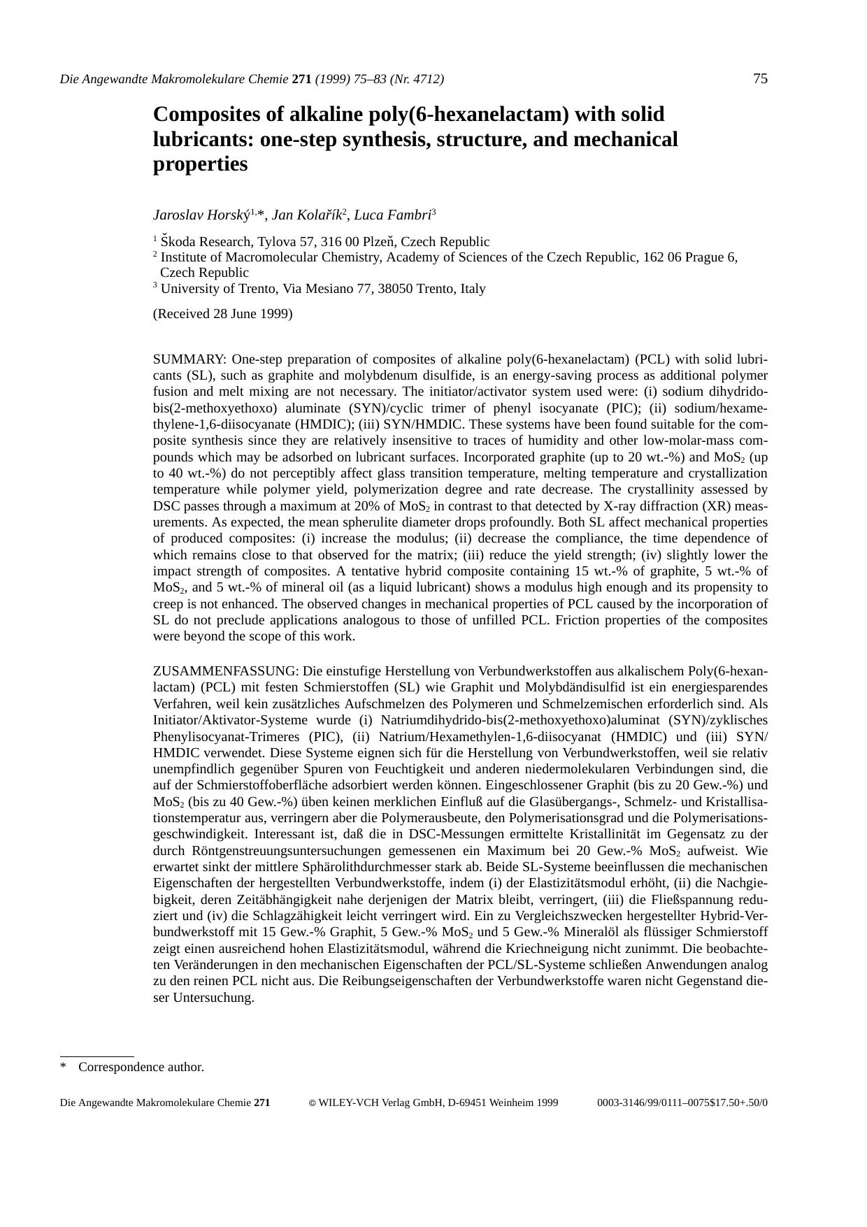 Composites of alkaline poly(6-hexanelactam) with solid lubricants: one-step synthesis, structure, and mechanical properties by Unknown