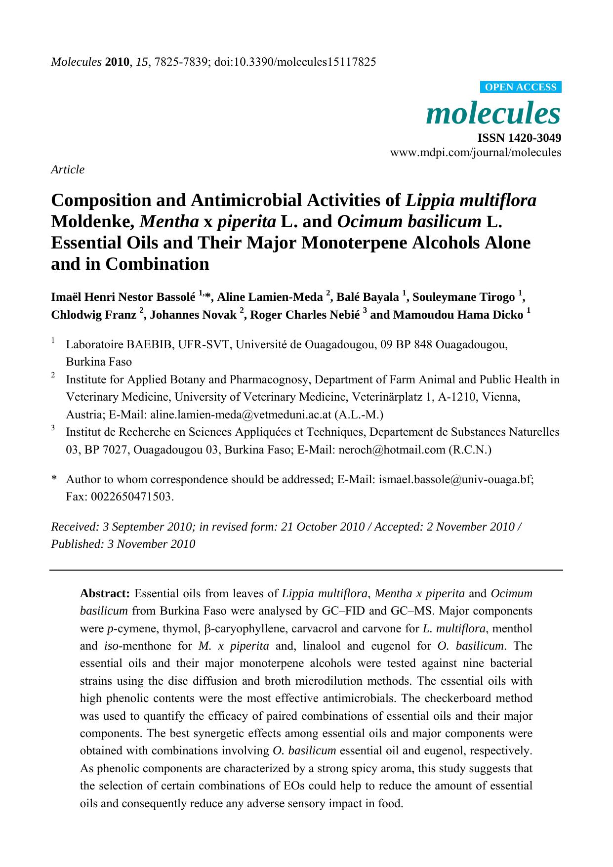 Composition and Antimicrobial Activities of Lippia multiflora Moldenke, Mentha x piperita L. and Ocimum basilicum L. Essential Oils and Their Major Monoterpene Alcohols Alone and in Combination by unknow