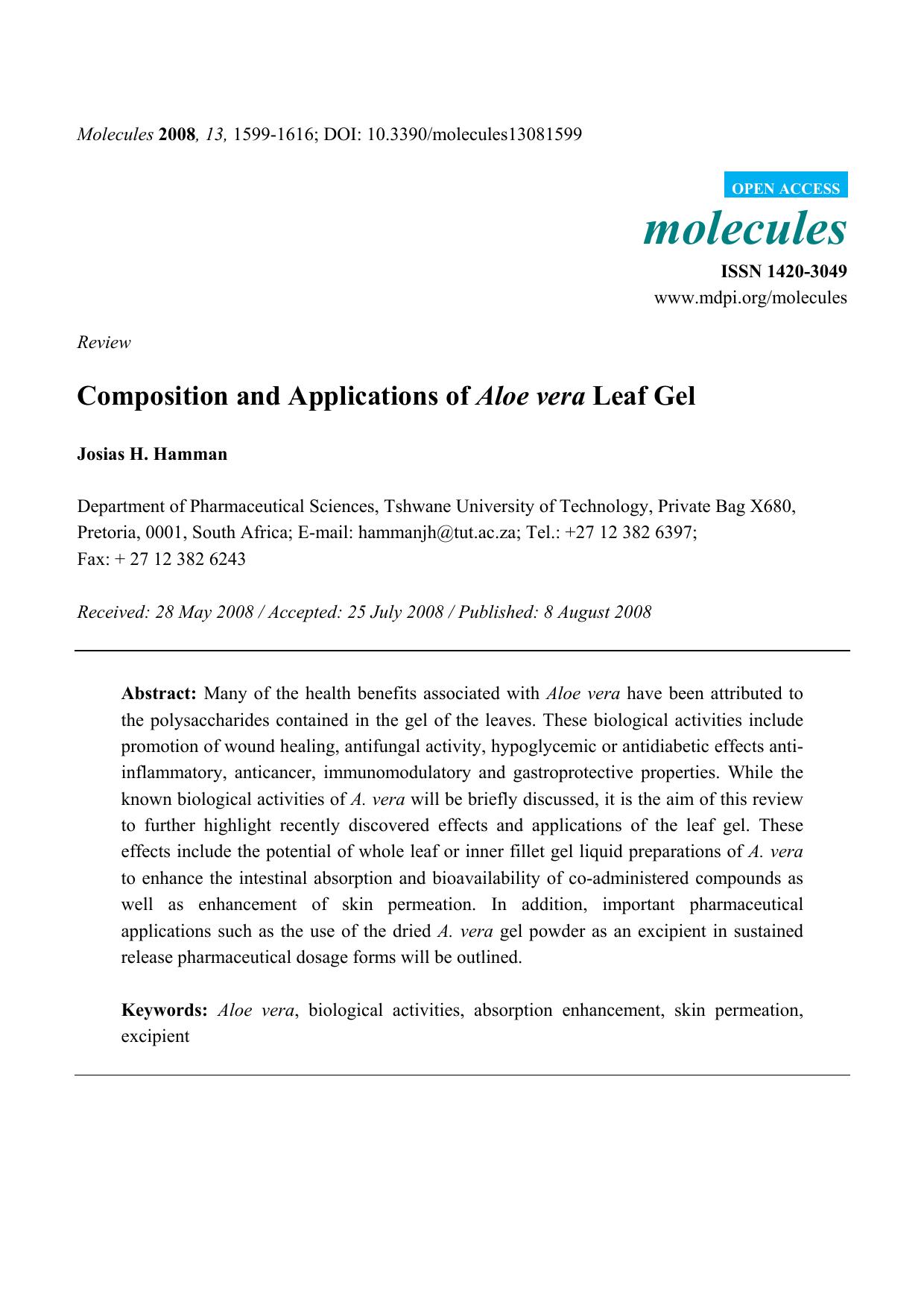Composition and Applications of Aloe vera Leaf Gel by Josias H. Hamman