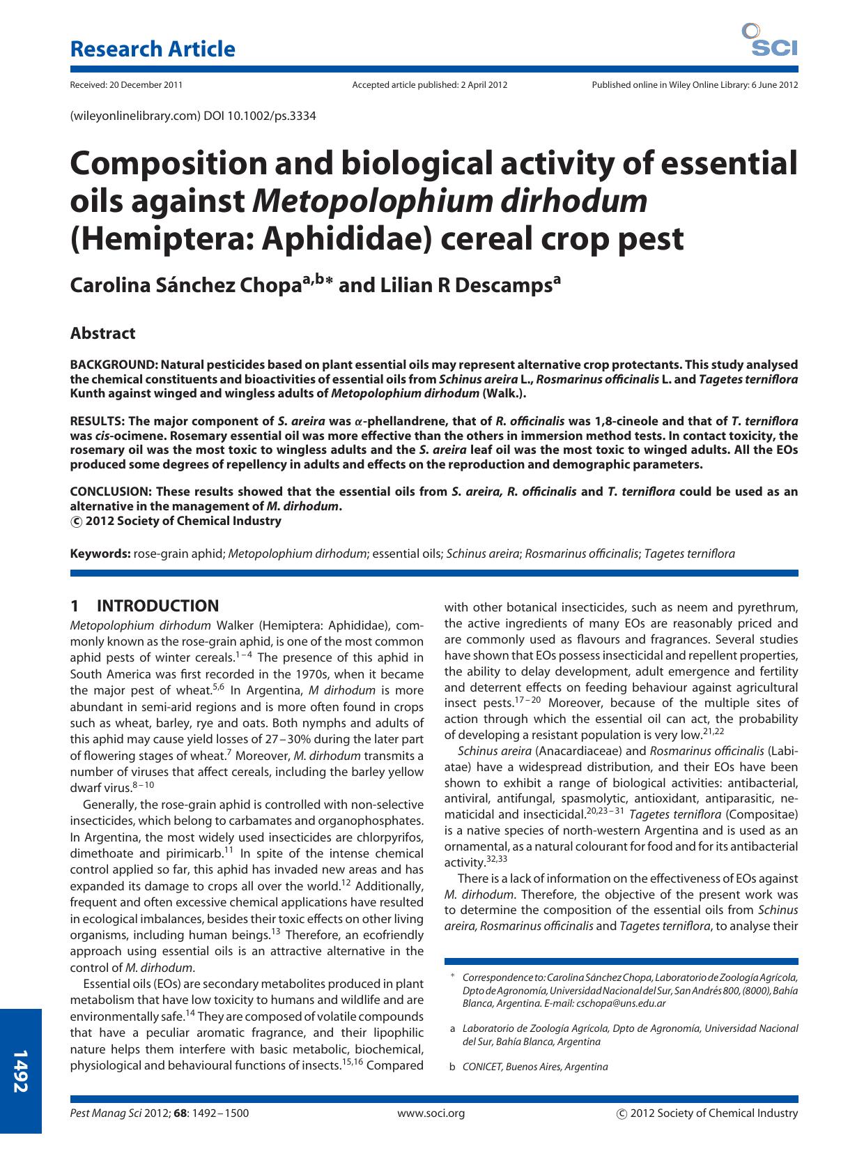Composition and biological activity of essential oils against Metopolophium dirhodum (Hemiptera: Aphididae) cereal crop pest by Unknown