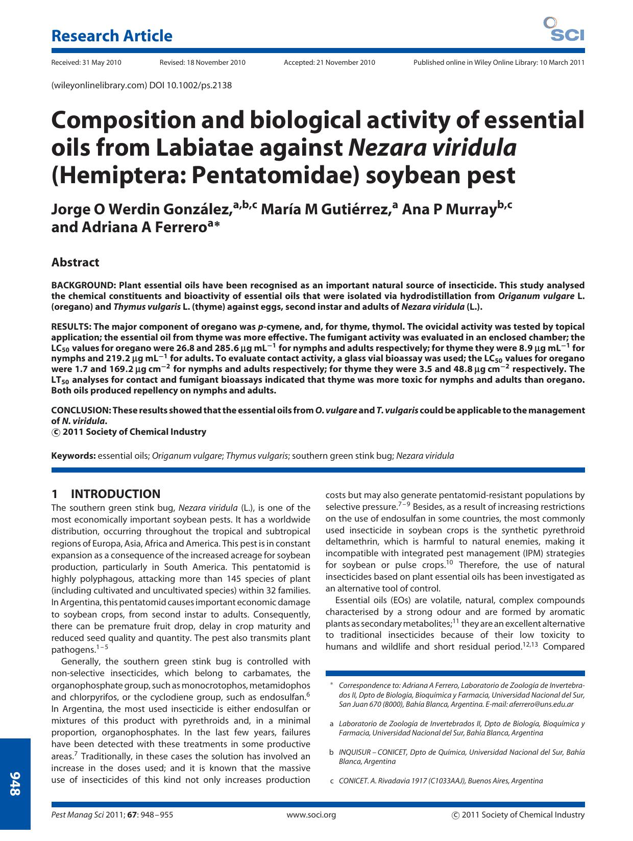 Composition and biological activity of essential oils from Labiatae against Nezara viridula (Hemiptera: Pentatomidae) soybean pest by Unknown