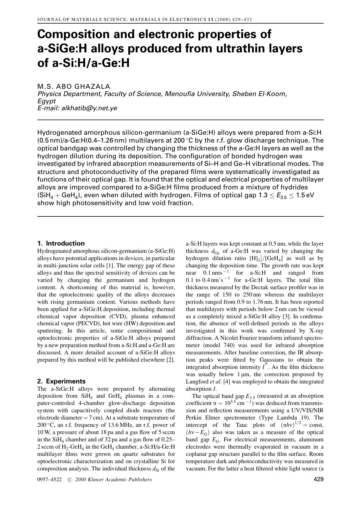 Composition and electronic properties of a-SiGe:H alloys produced from ultrathin layers of a-Si:Ha-Ge:H by Unknown