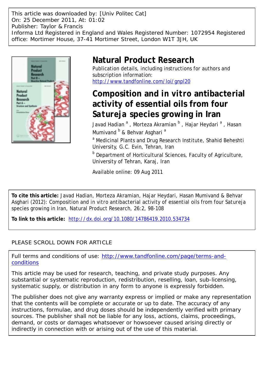 Composition and inÂ vitro antibacterial activity of essential oils from four Satureja species growing in Iran by unknow