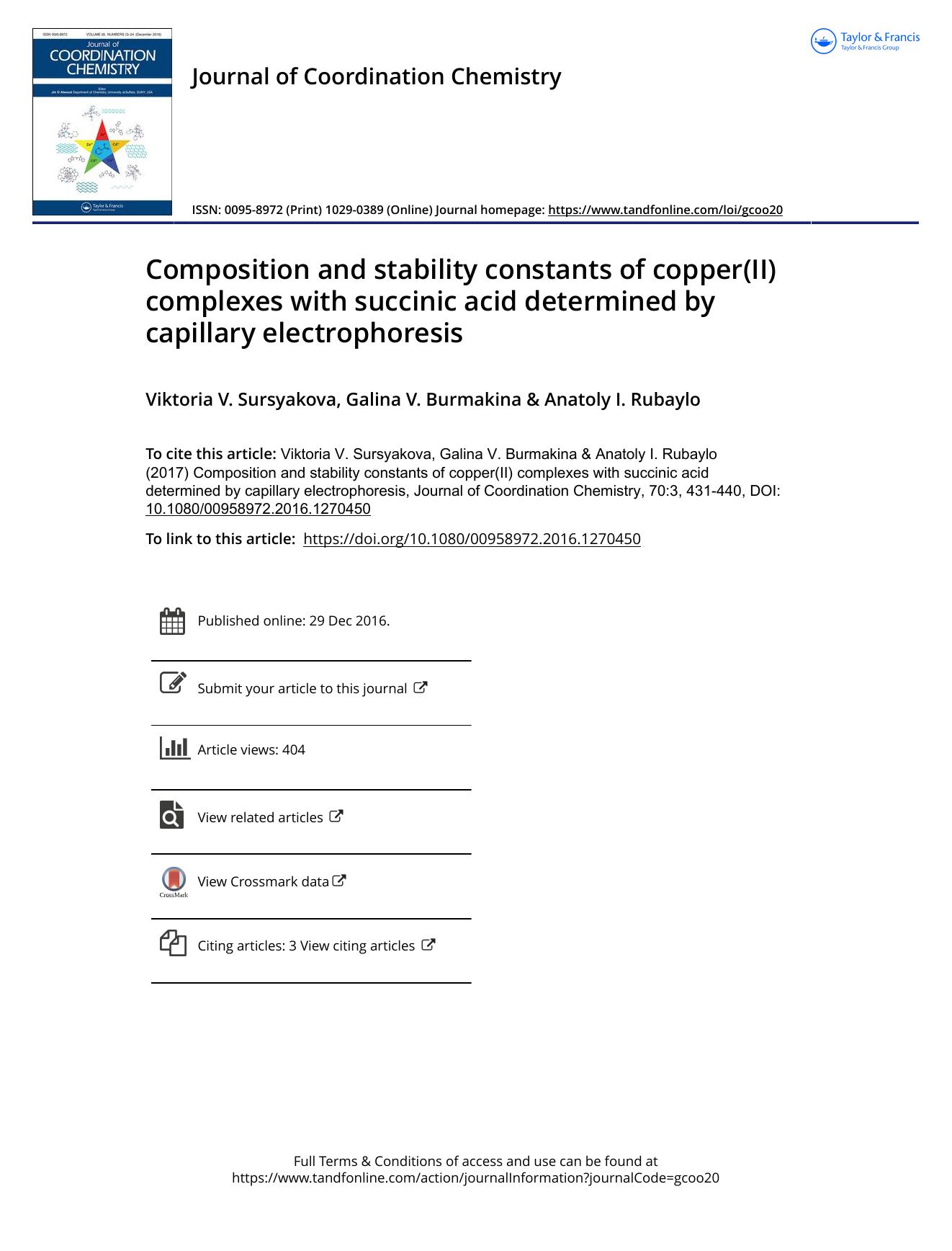 Composition and stability constants of copper(II) complexes with succinic acid determined by capillary electrophoresis by Viktoria V. Sursyakova & Galina V. Burmakina & Anatoly I. Rubaylo