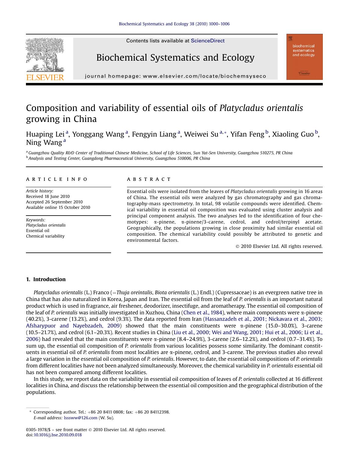 Composition and variability of essential oils of Platycladus orientalis growing in China by Huaping Lei & Yonggang Wang & Fengyin Liang & Weiwei Su & Yifan Feng & Xiaoling Guo & Ning Wang