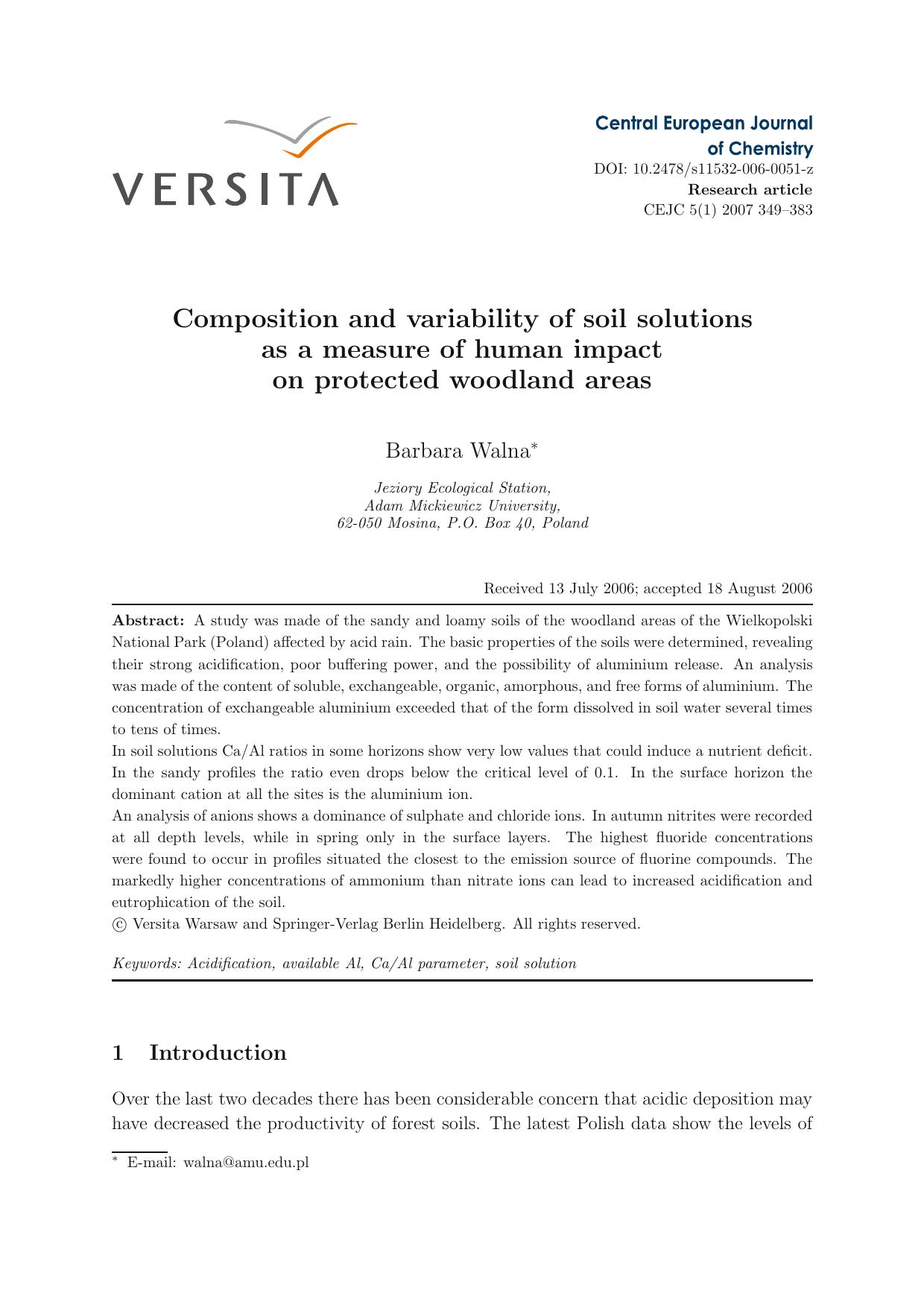 Composition and variability of soil solutions as a measure of human impact on protected woodland areas by Unknown