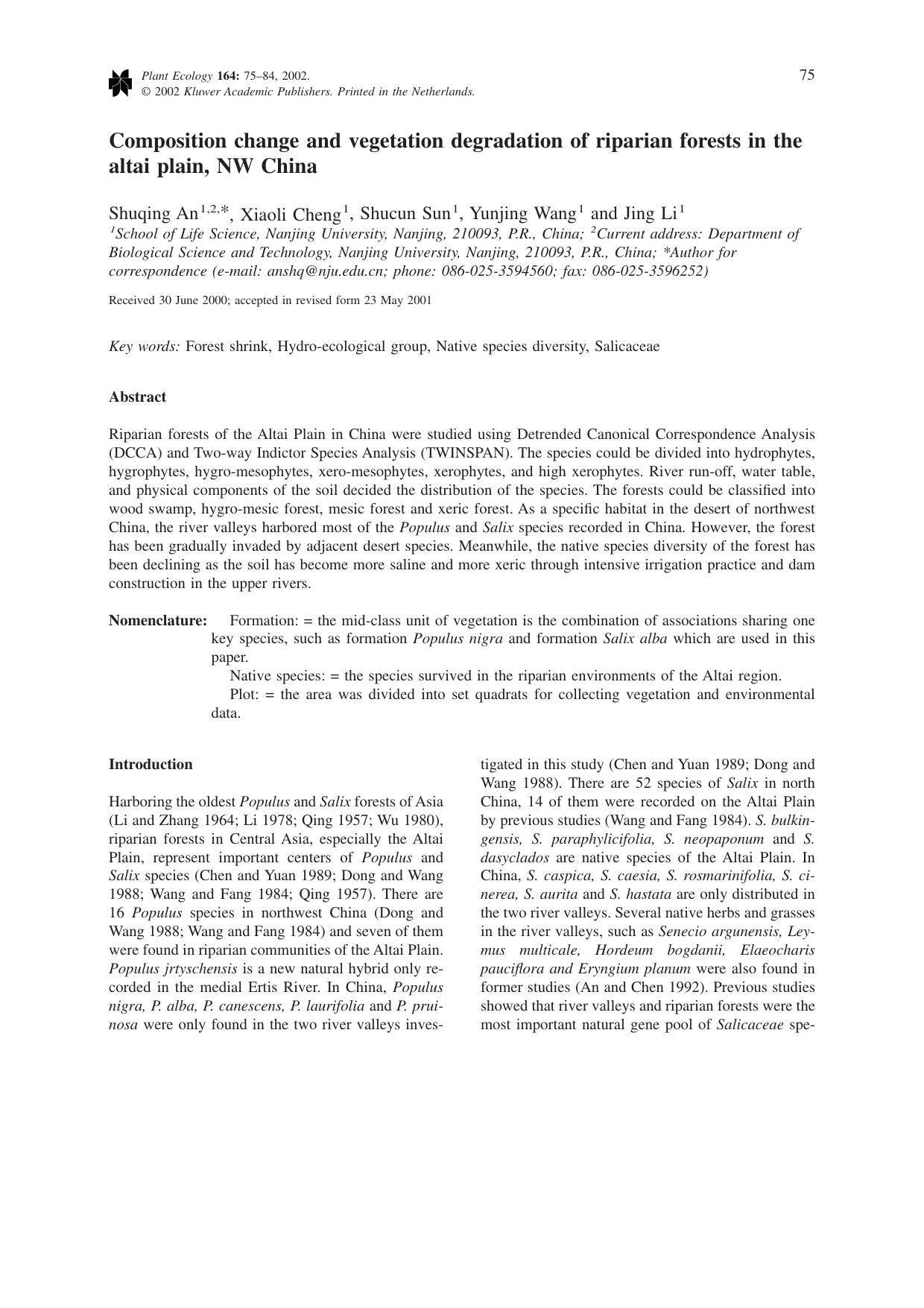 Composition change and vegetation degradation of riparian forests in the altai plain, NW China by Unknown