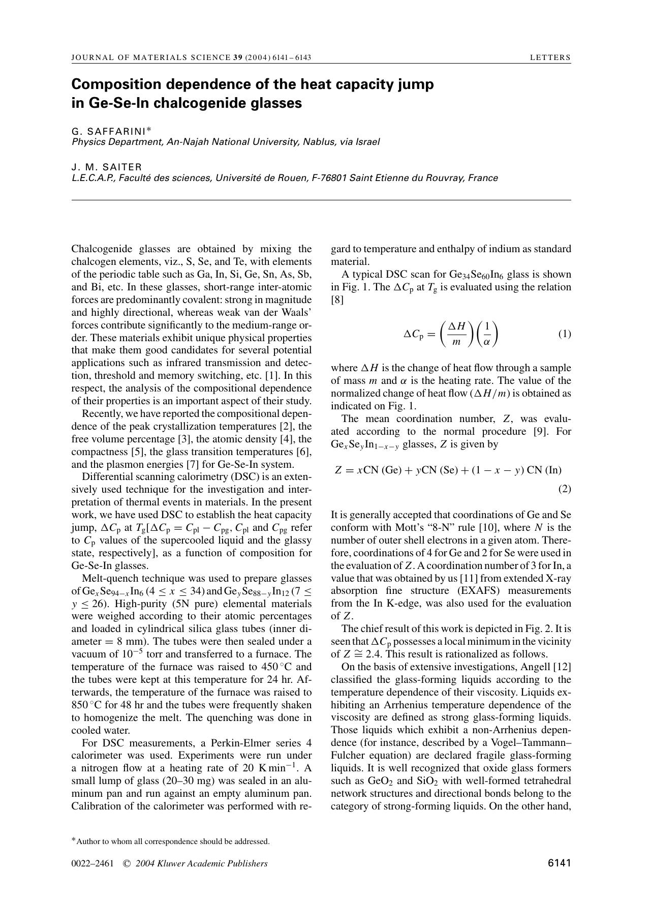 Composition dependence of the heat capacity jump in Ge-Se-In chalcogenide glasses by Unknown