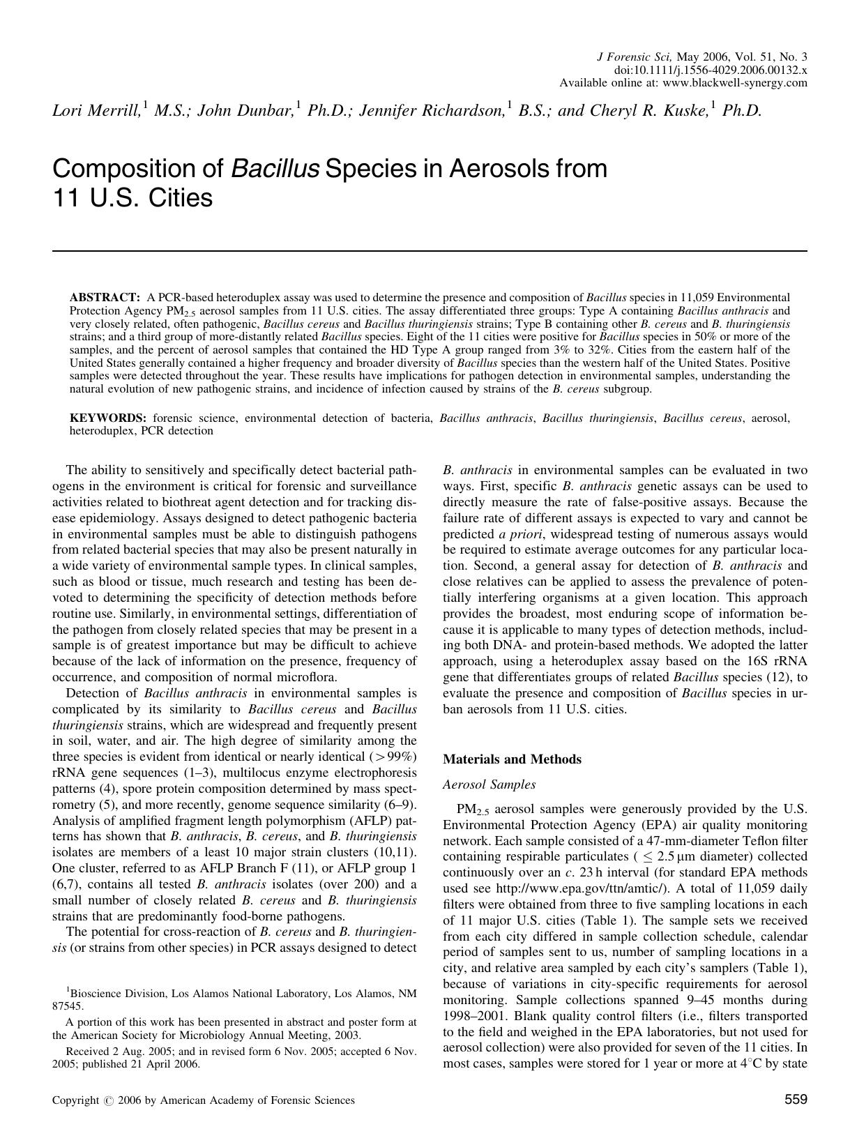 Composition of Bacillus Species in Aerosols from 11 U.S. Cities by Unknown