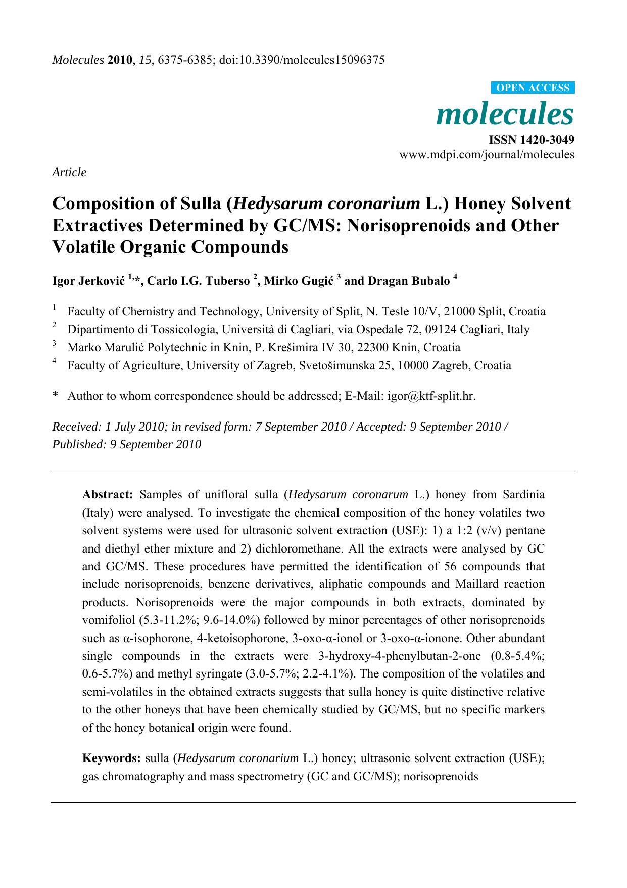 Composition of Sulla (Hedysarum coronarium L.) Honey Solvent Extractives Determined by GCMS: Norisoprenoids and Other Volatile Organic Compounds by Igor Jerković & Carlo I.G. Tuberso & Mirko Gugić & Dragan Bubalo