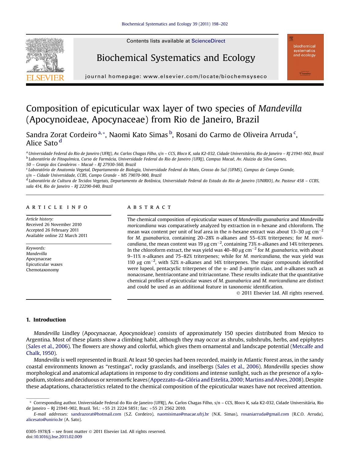 Composition of epicuticular wax layer of two species of Mandevilla (Apocynoideae, Apocynaceae) from Rio de Janeiro, Brazil by Sandra Zorat Cordeiro & Naomi Kato Simas & Rosani do Carmo de Oliveira Arruda & Alice Sato