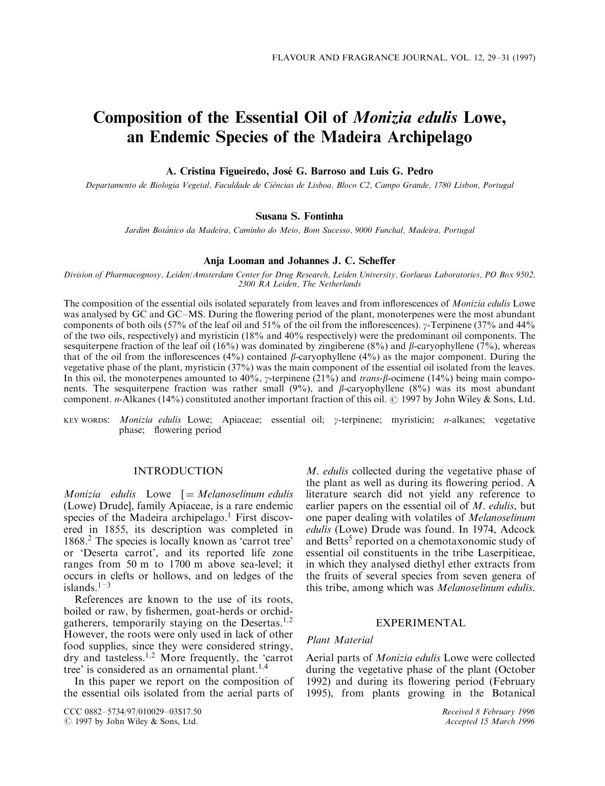 Composition of the Essential Oil of Monizia edulis Lowe, an Endemic Species of the Madeira Archipelago by Unknown