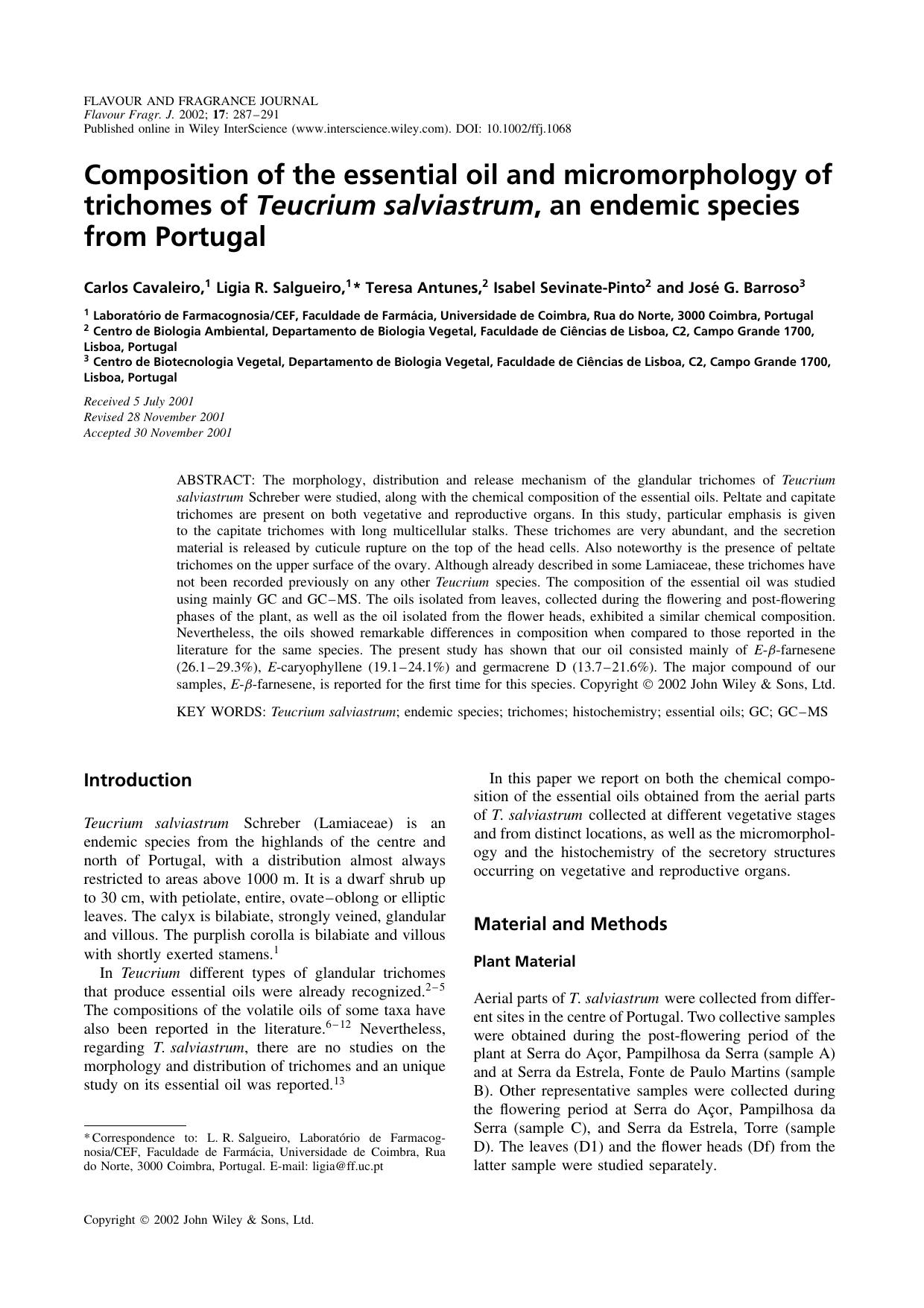Composition of the essential oil and micromorphology of trichomes of Teucrium salviastrum, an endemic species from Portugal by Unknown