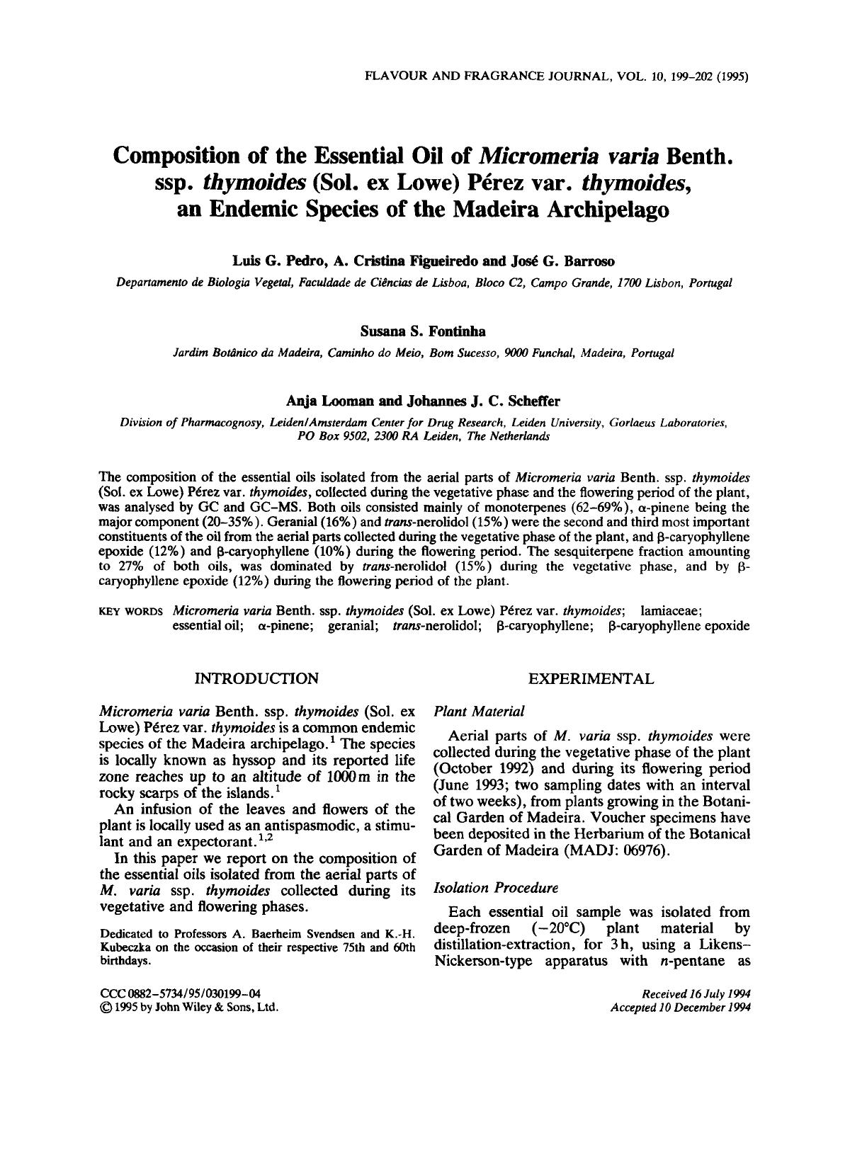 Composition of the essential oil of Micromeria varia Benth. ssp. thymoides (Sol. ex Lowe) PÃ©rez var. thymoides, an endemic species of the madeira archipelago by Unknown