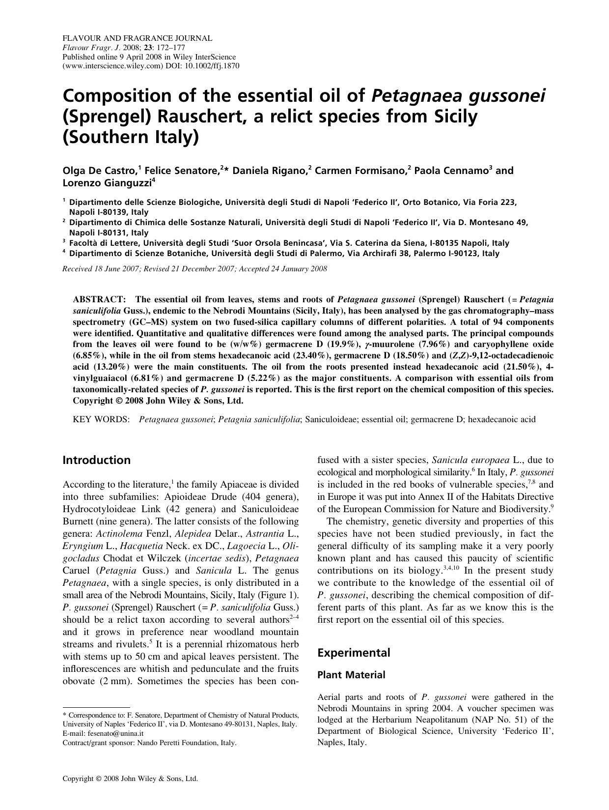 Composition of the essential oil of Petagnaea gussonei (Sprengel) Rauschert, a relict species from Sicily (Southern Italy) by JN-07