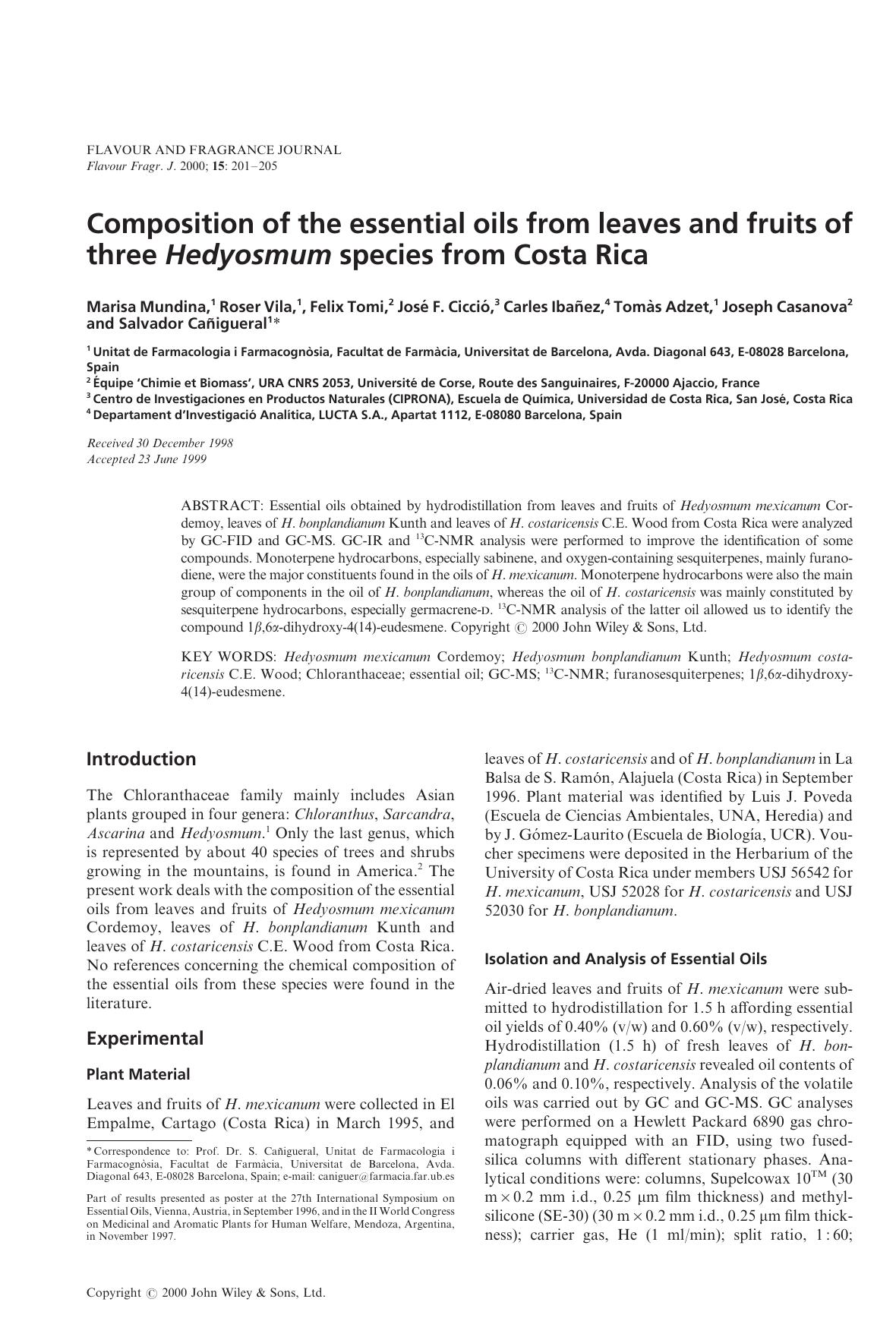 Composition of the essential oils from leaves and fruits of three Hedyosmum species from Costa Rica by Unknown