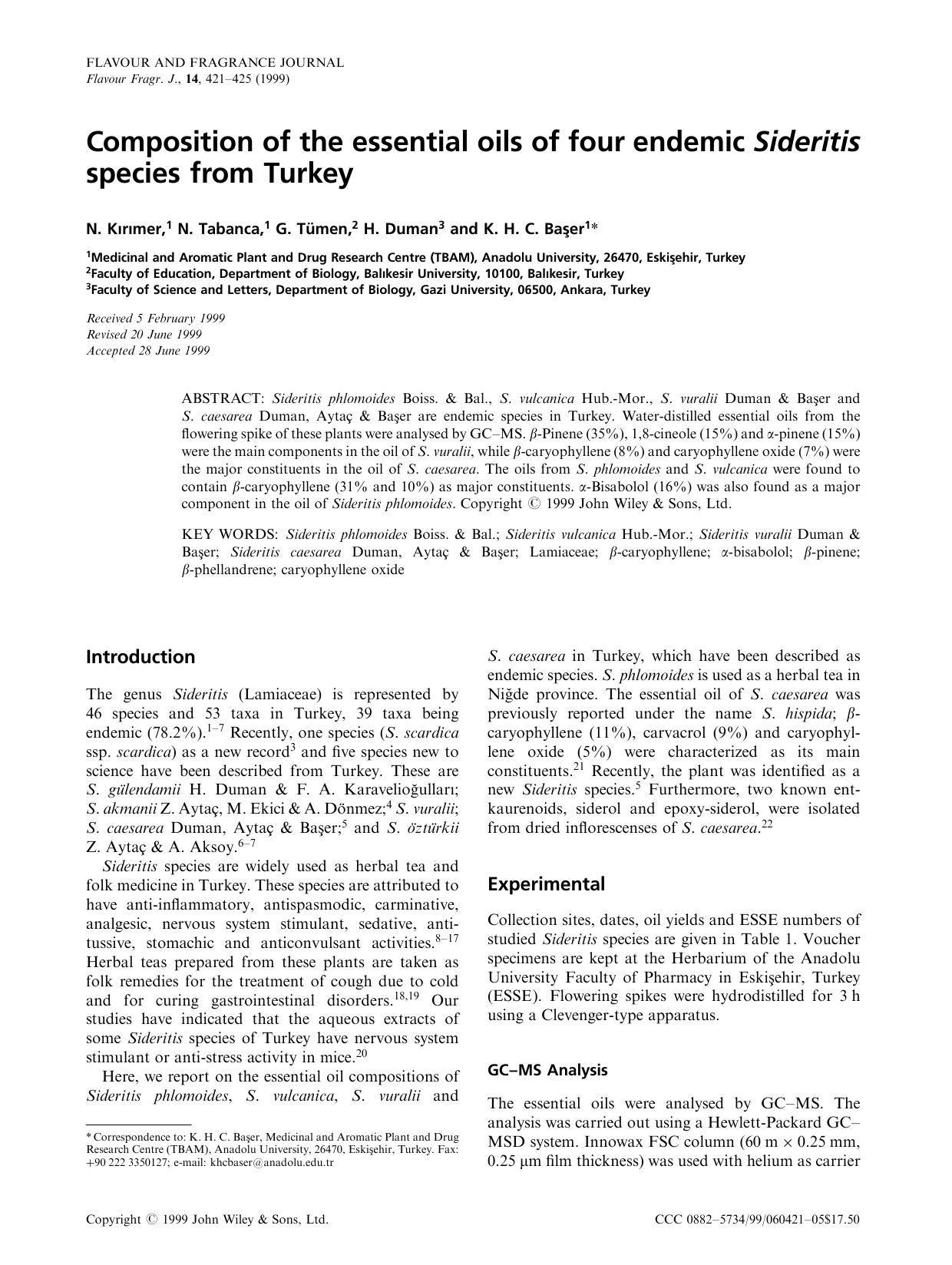 Composition of the essential oils of four endemic Sideritis species from Turkey by Unknown