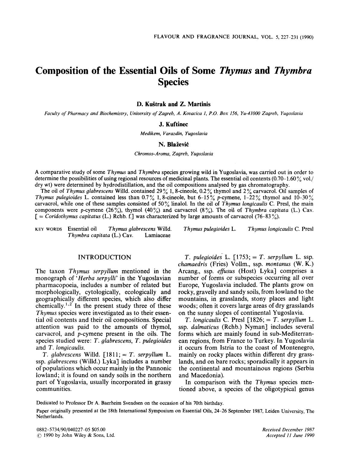 Composition of the essential oils of some Thymus and Thymbra species by Unknown