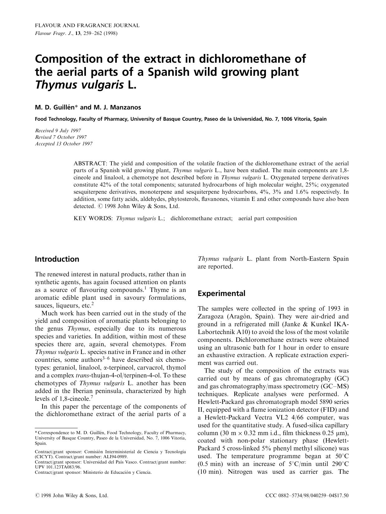 Composition of the extract in dichloromethane of the aerial parts of a Spanish wild growing plant Thymus vulgaris L. by Unknown