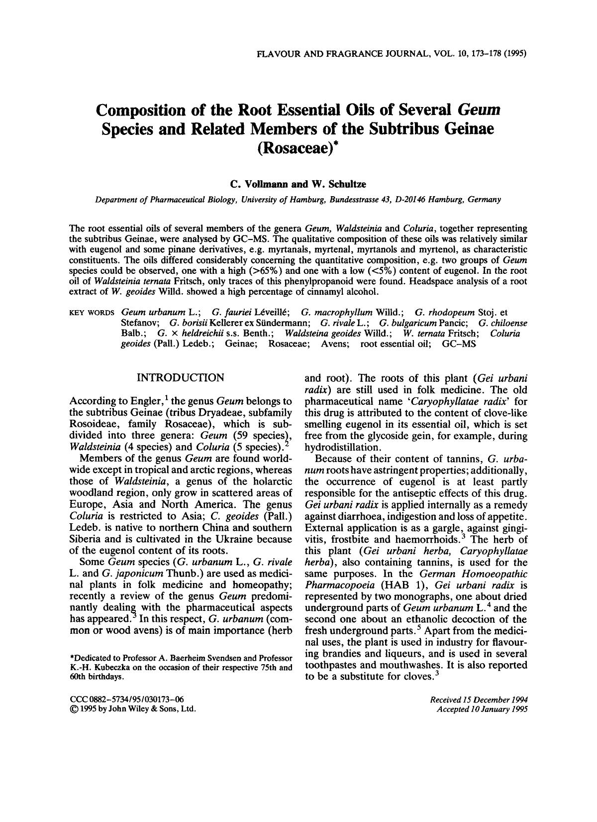 Composition of the root essential oils of several Geum species and related members of the subtribus geinae (rosaceae) by Unknown