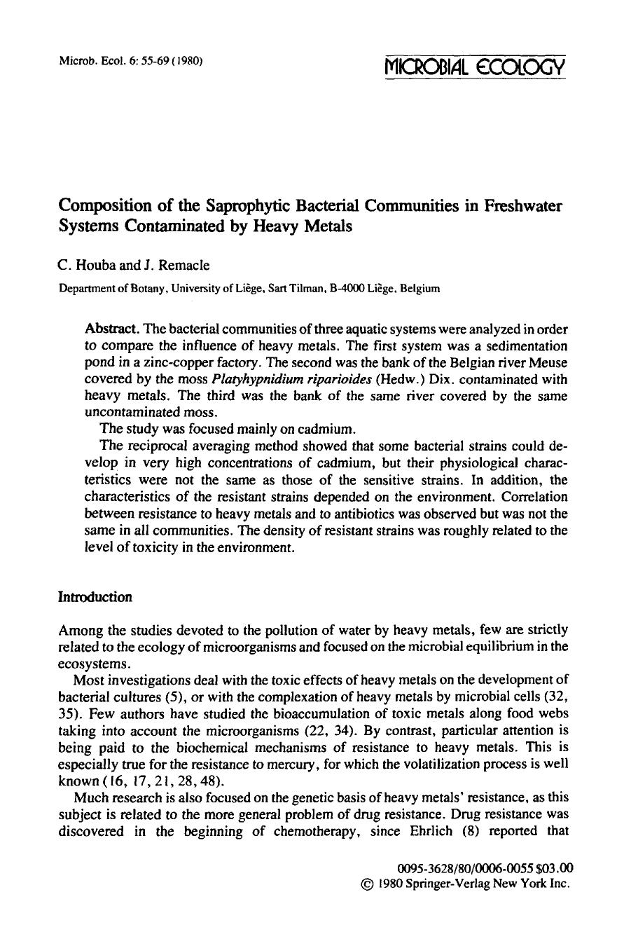 Composition of the saprophytic bacterial communities in freshwater systems contaminated by heavy metals by Unknown