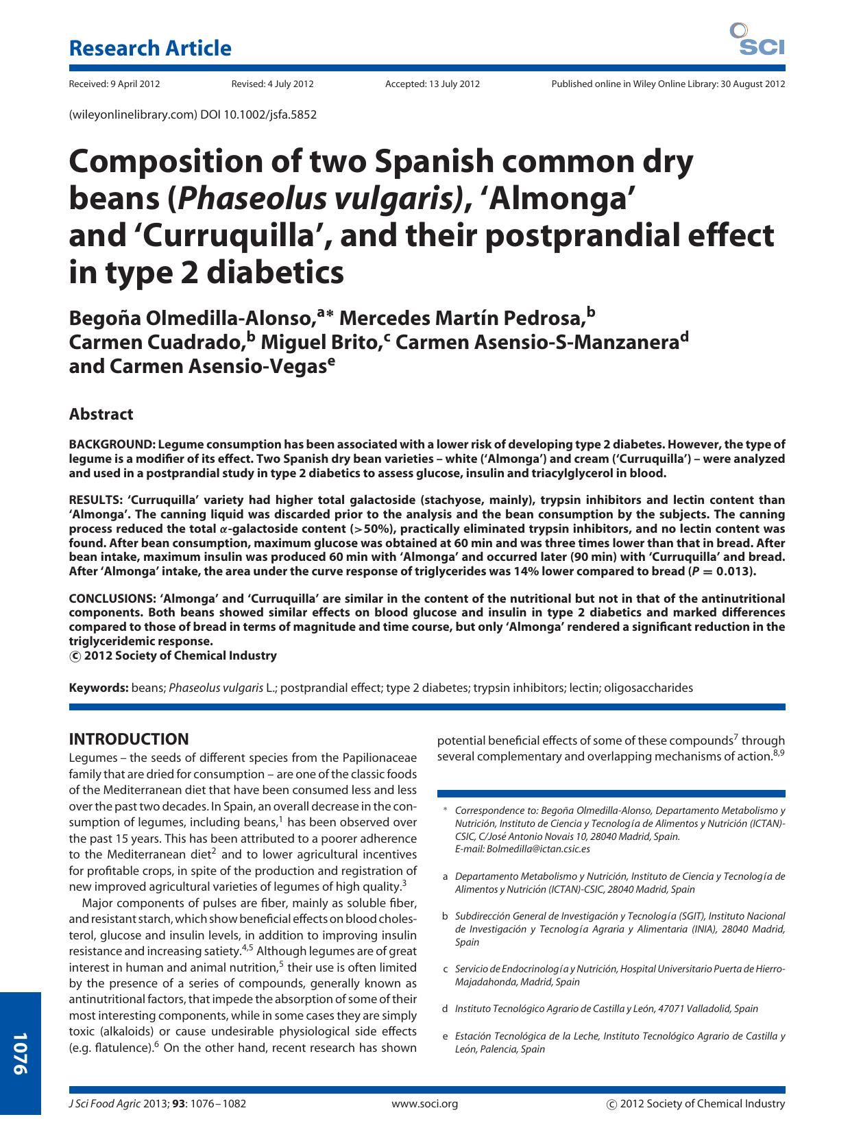 Composition of two Spanish common dry beans (Phaseolus vulgaris), Almonga and Curruquilla, and their postprandial effect in type 2 diabetics by Unknown