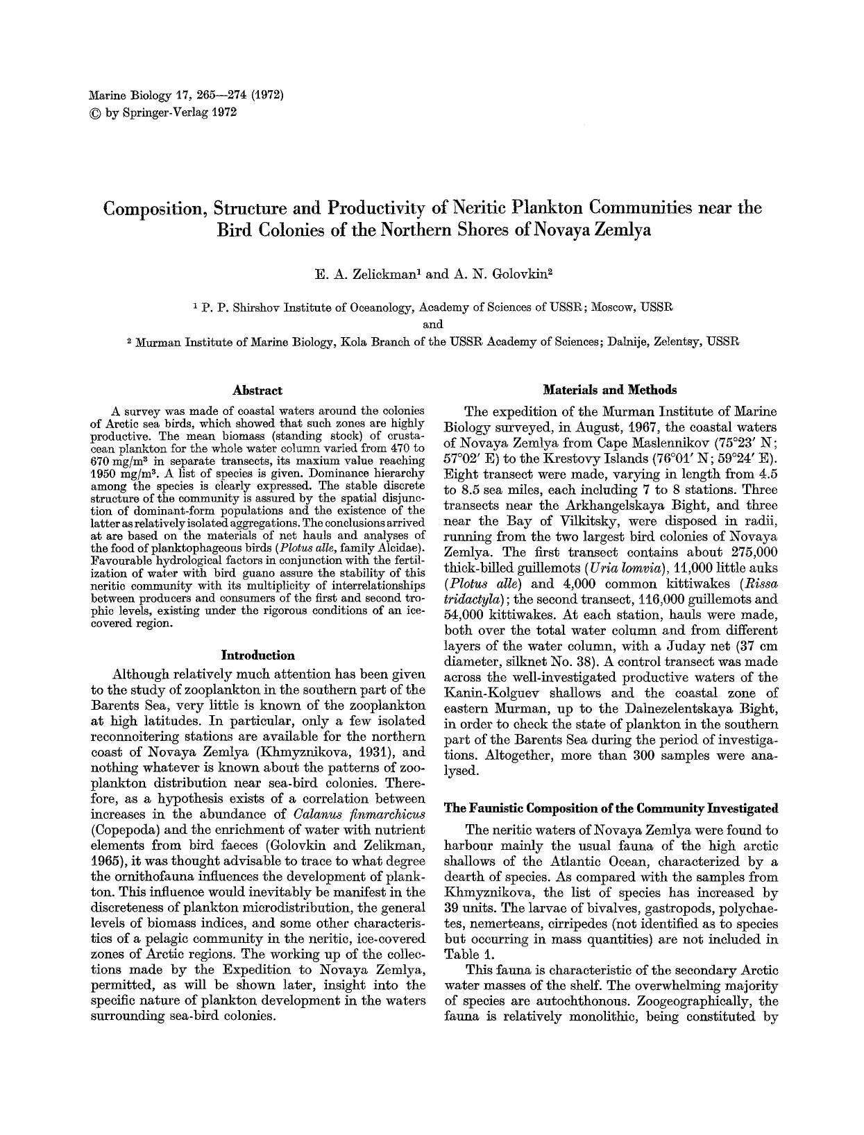 Composition, structure and productivity of neritic plankton communities near the bird colonies of the northern shores of Novaya Zemlya by Unknown