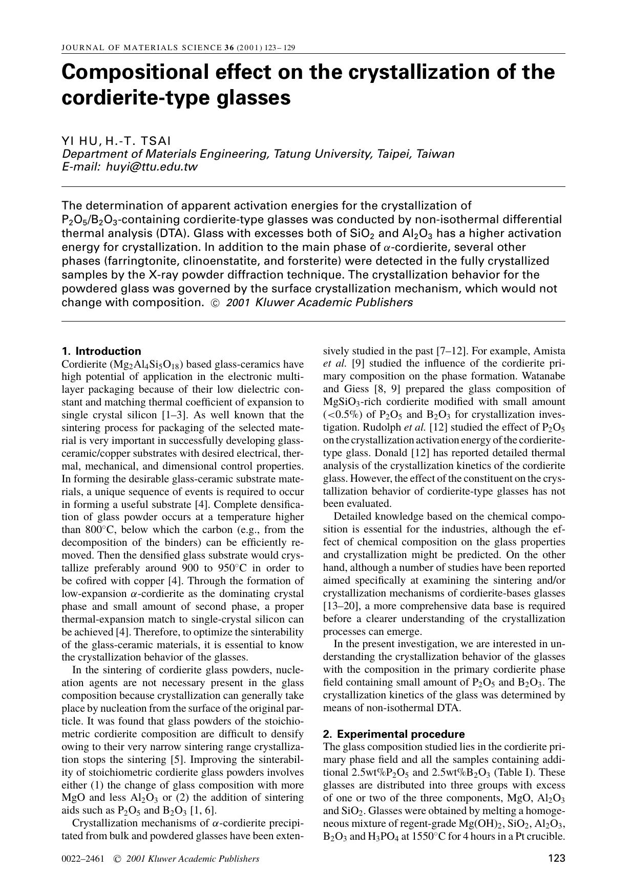 Compositional effect on the crystallization of the cordierite-type glasses by Unknown