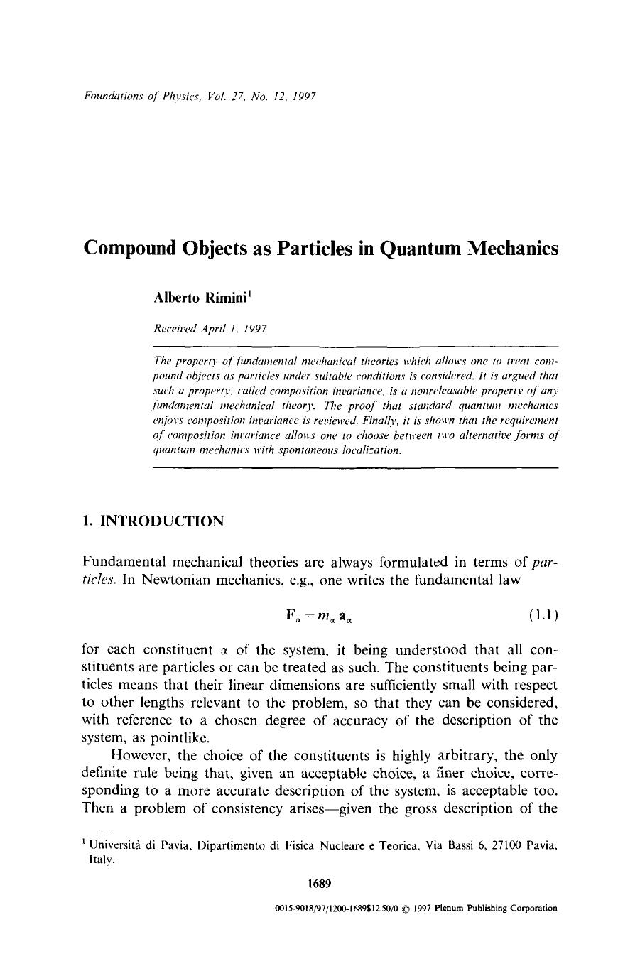 Compound objects as particles in quantum mechanics by Unknown