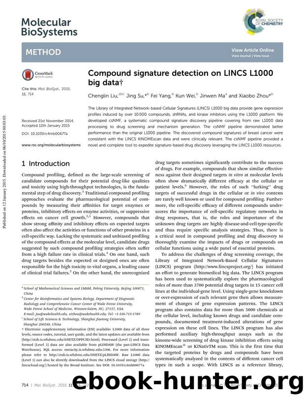Compound signature detection on LINCS L1000 big data by Chenglin Liu & Jing Su & Fei Yang & Kun Wei & Jinwen Ma & Xiaobo Zhou