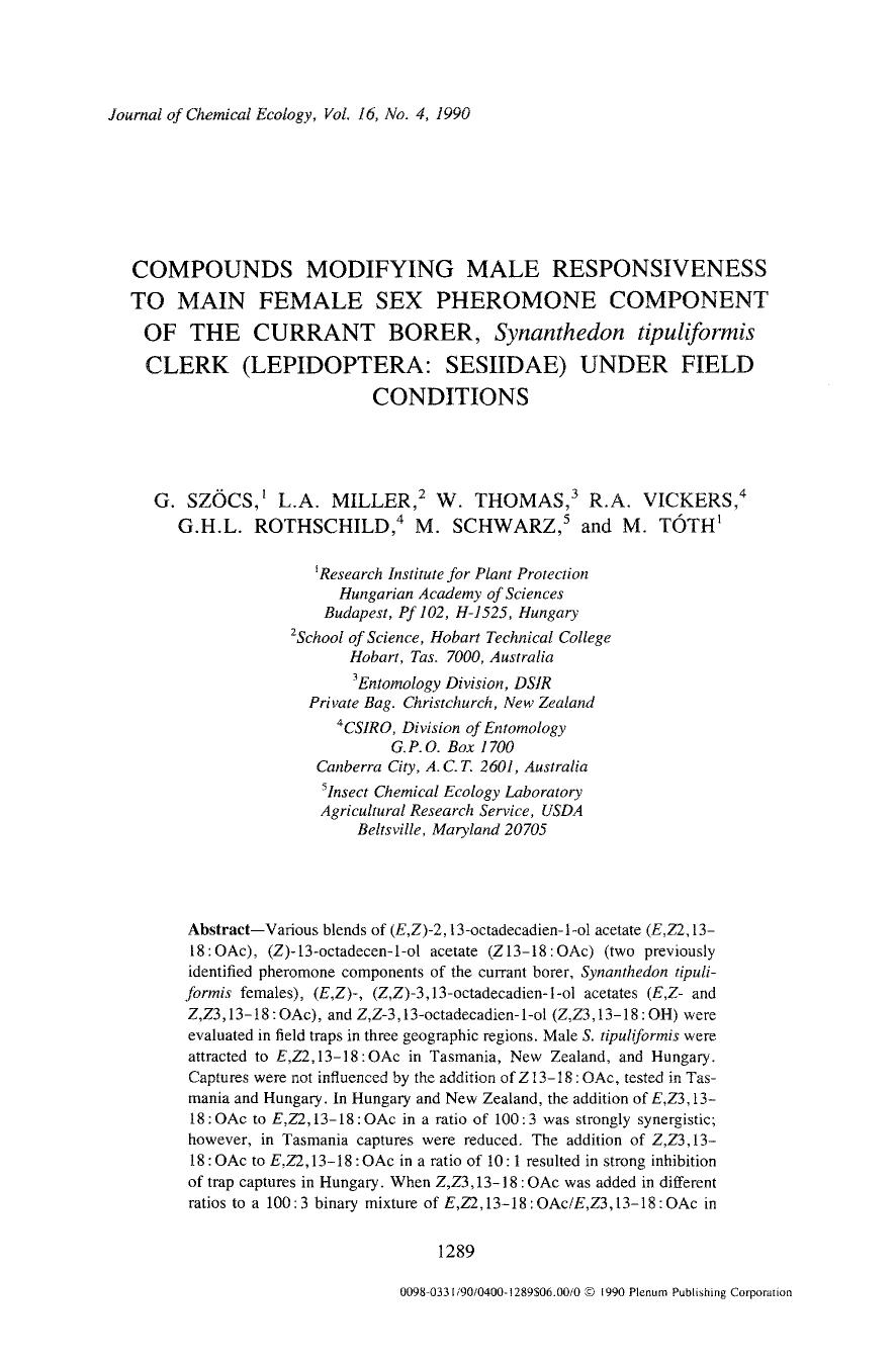 Compounds modifying male responsiveness to main female sex pheromone component of the currant borer, <Emphasis Type="Italic">Synanthedon tipuliformis <Emphasis> clerk (Lepidoptera: by Unknown
