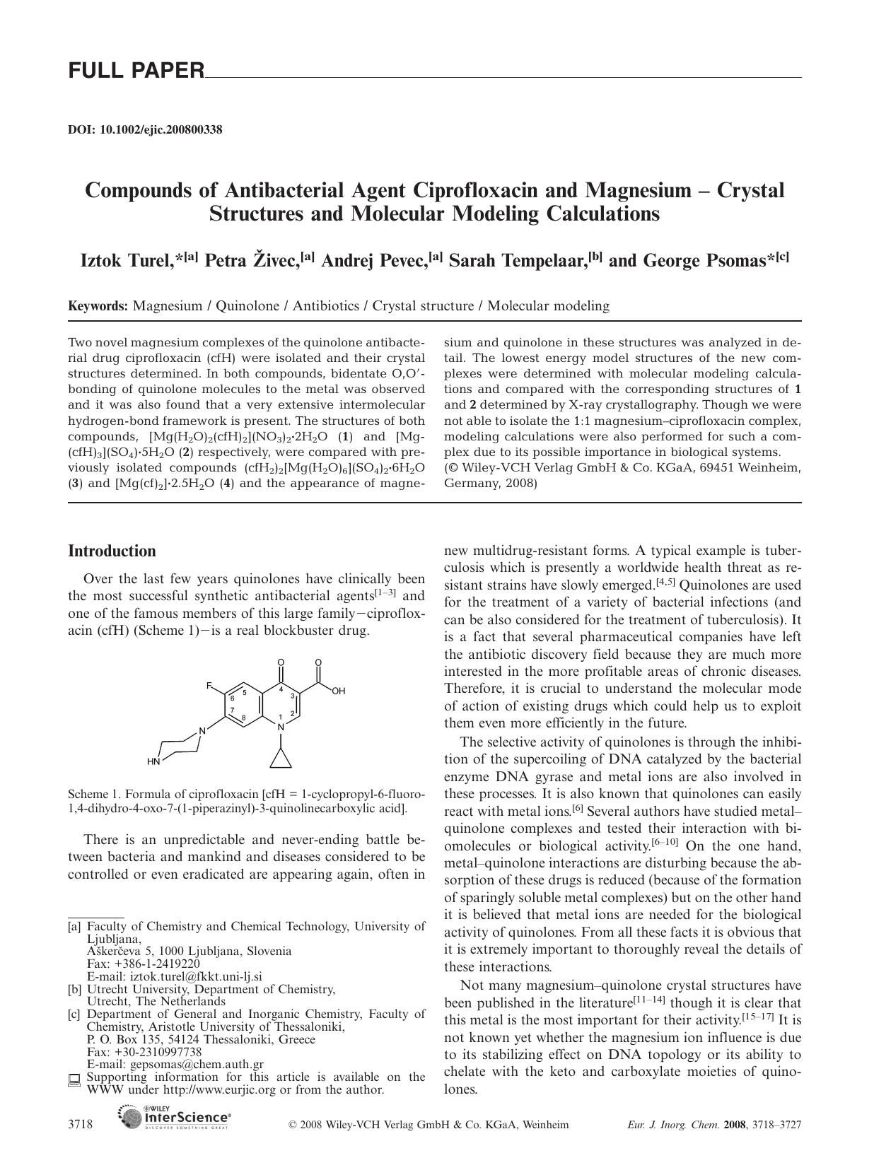 Compounds of Antibacterial Agent Ciprofloxacin and Magnesium - Crystal Structures and Molecular Modeling Calculations by Unknown