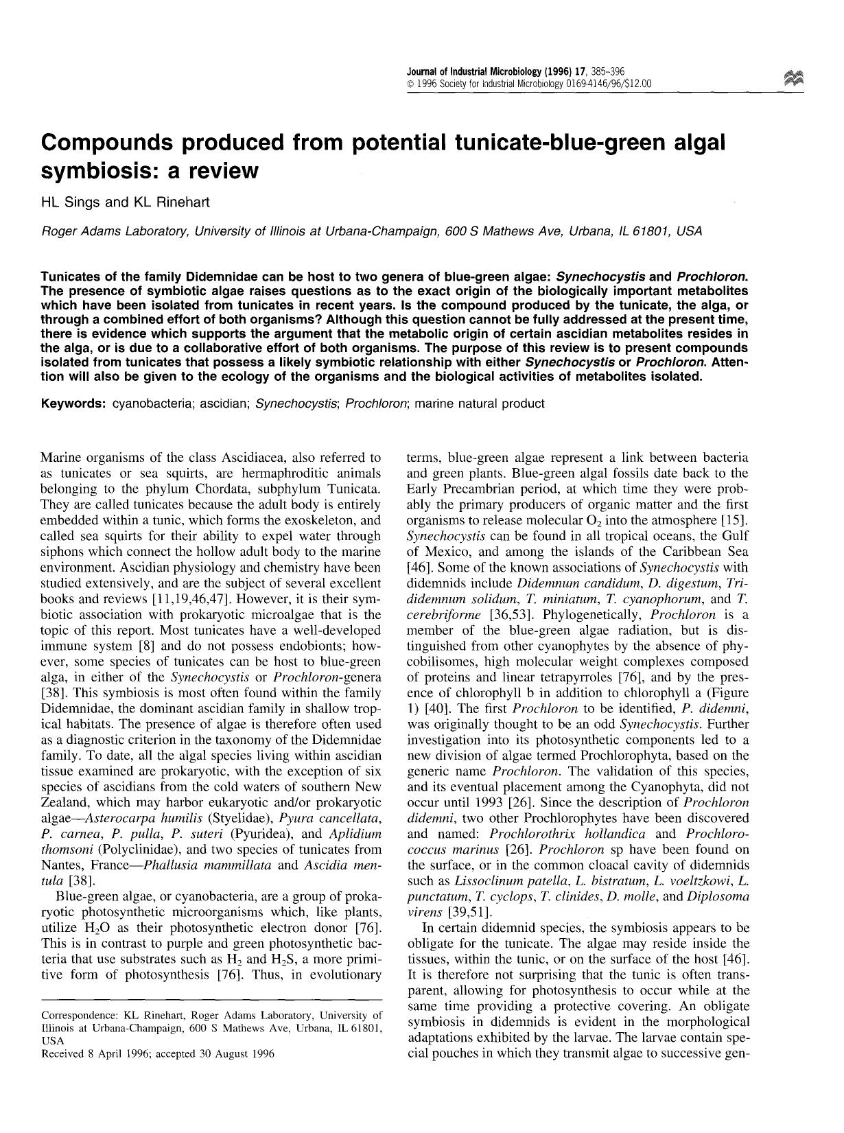 Compounds produced from potential tunicate-blue-green algal symbiosis: A review by Unknown