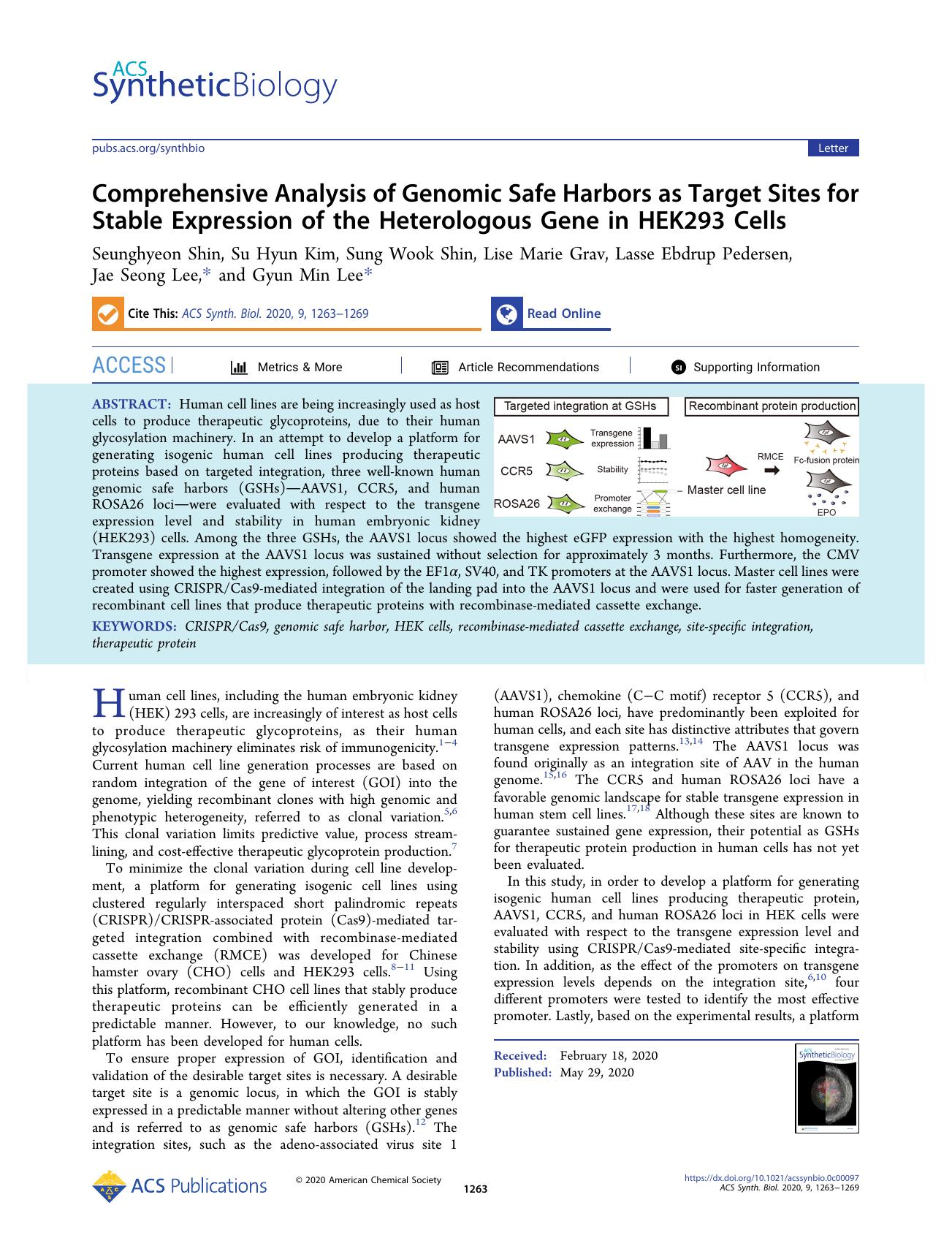 Comprehensive Analysis of Genomic Safe Harbors as Target Sites for Stable Expression of the Heterologous Gene in HEK293 Cells by unknow