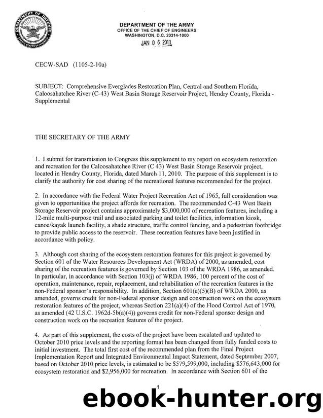 Comprehensive Everglades Restoration Plan, Central and Southern Florida, Caloosahatchee River (C-43) West Basin Storage Reservoir Project, Hendry County, Florida Supplemental by CECW-SAD South Atlantic Division