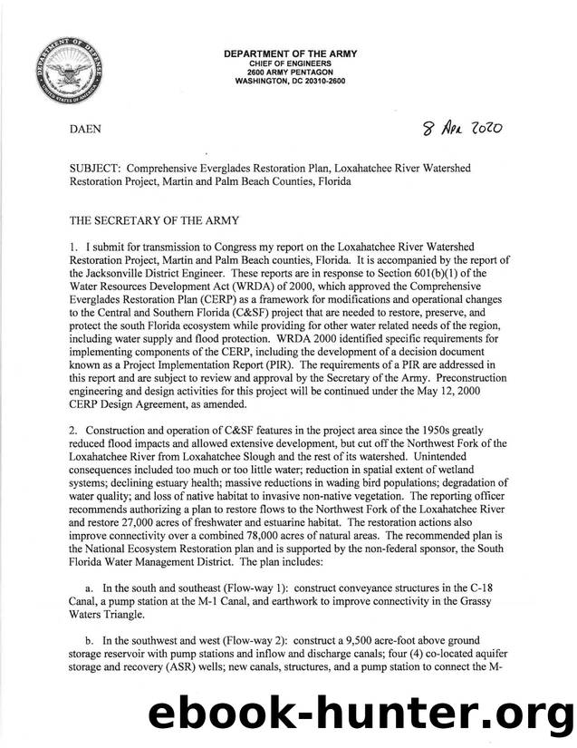Comprehensive Everglades Restoration Plan, Loxahatchee River Watershed Restoration Project, Martin and Palm Beach Counties, Florida Signed Chief's Report by s0cwssmw
