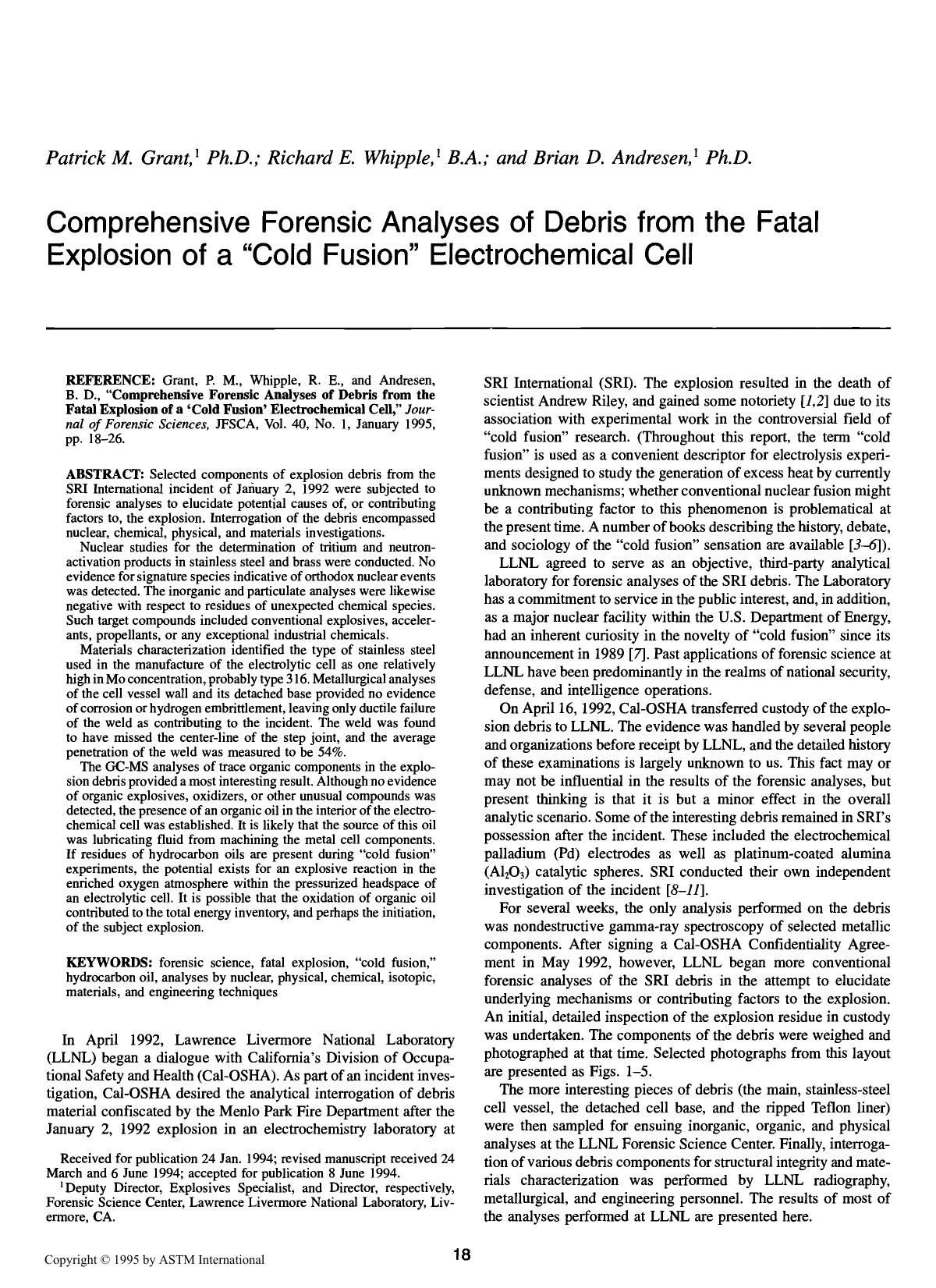 Comprehensive Forensic Analyses of Debris from the Fatal Explosion of a &lsquo;Cold Fusion&rsquo; Electrochemical Cell by Grant PM Whipple RE Andresen BD