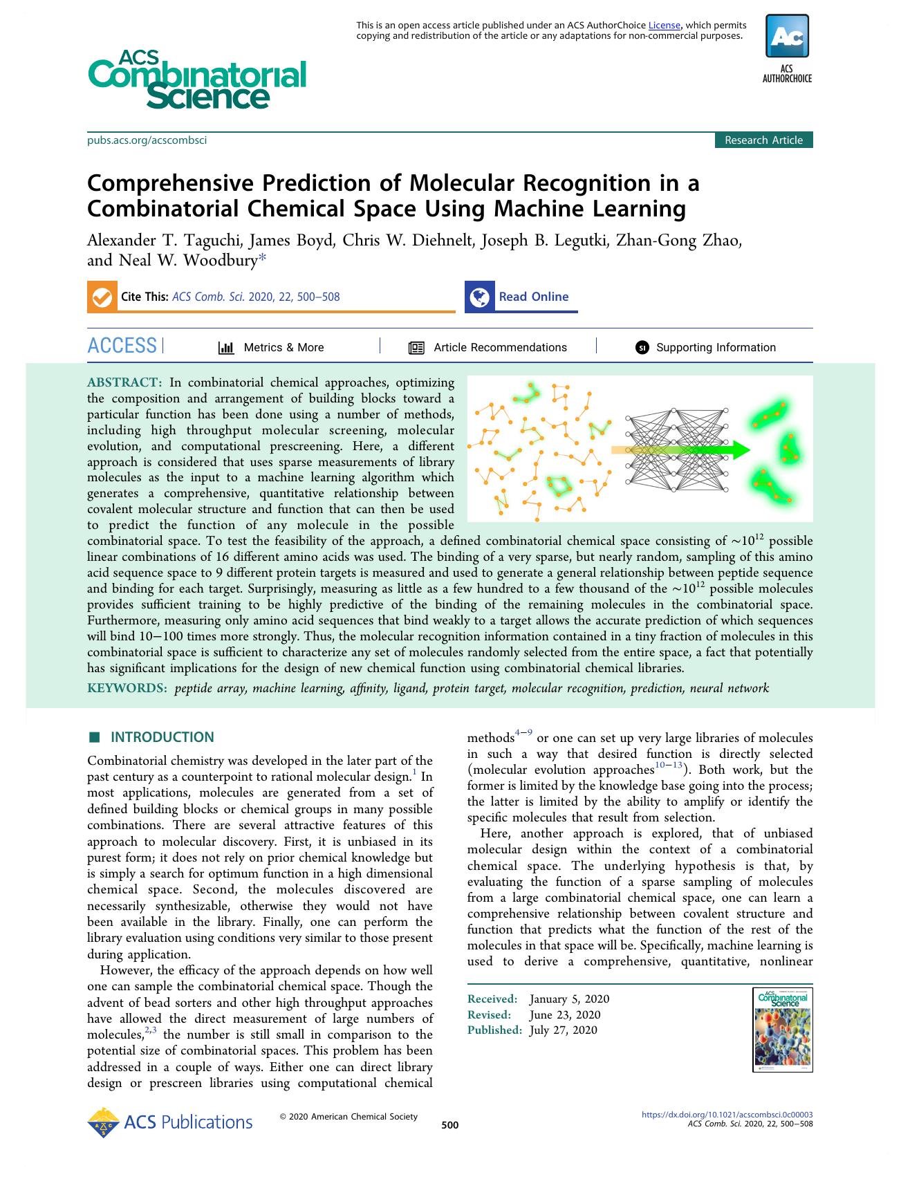 Comprehensive Prediction of Molecular Recognition in a Combinatorial Chemical Space Using Machine Learning by unknow