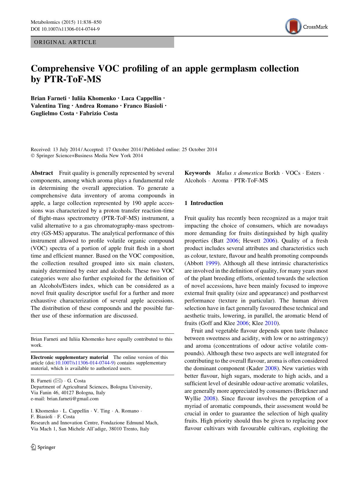 Comprehensive VOC profiling of an apple germplasm collection by PTR-ToF-MS by unknow