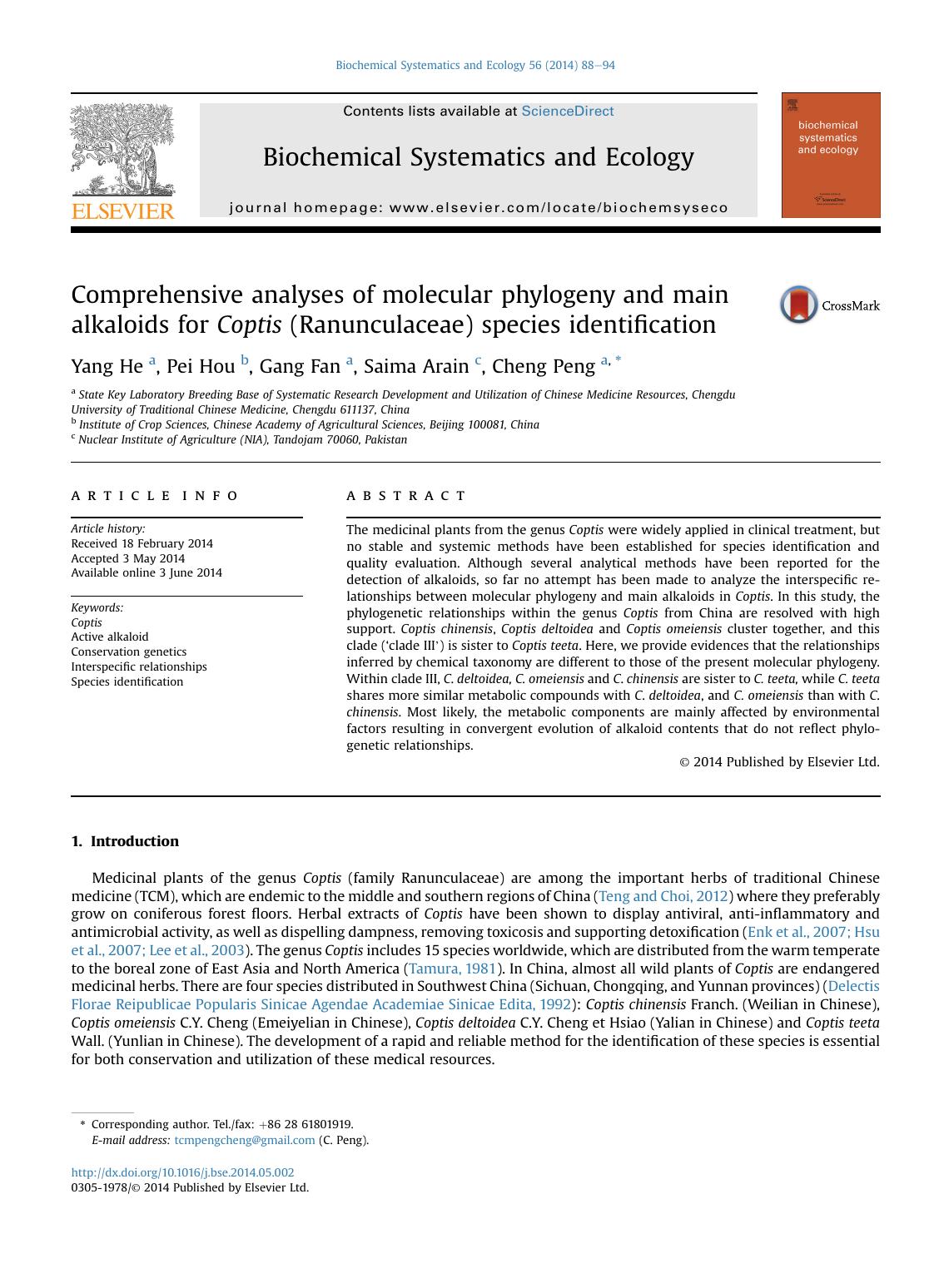 Comprehensive analyses of molecular phylogeny and main alkaloids for Coptis (Ranunculaceae) species identification by Yang He & Pei Hou & Gang Fan & Saima Arain & Cheng Peng