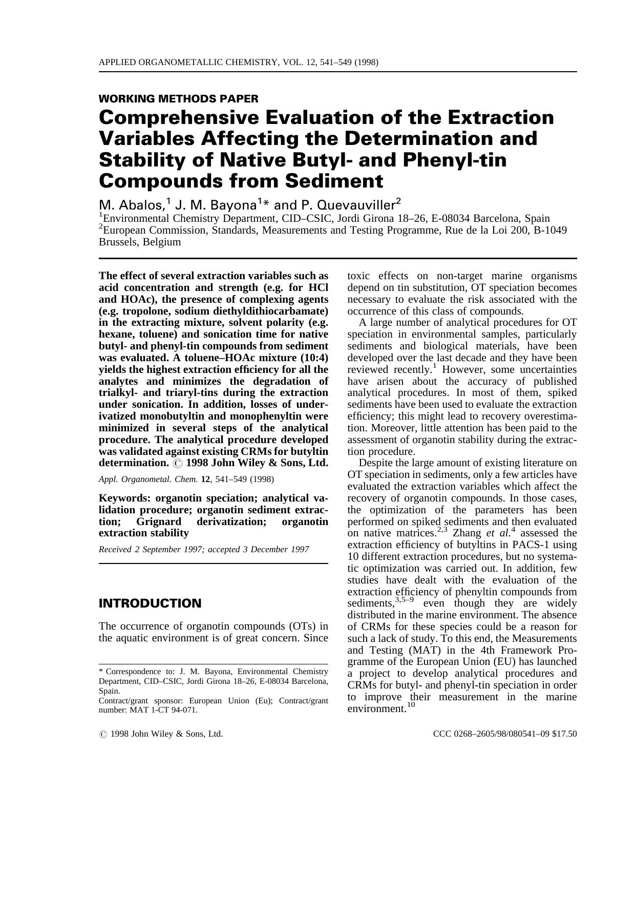 Comprehensive evaluation of the extraction variables affecting the determination and stability of native butyl- and phenyl-tin compounds from sediment by Unknown