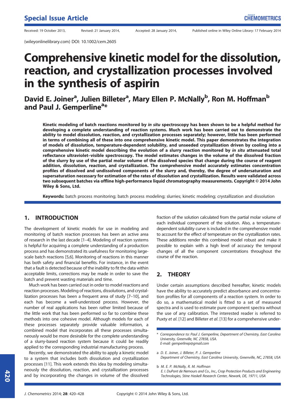 Comprehensive kinetic model for the dissolution, reaction, and crystallization processes involved in the synthesis of aspirin by Unknown
