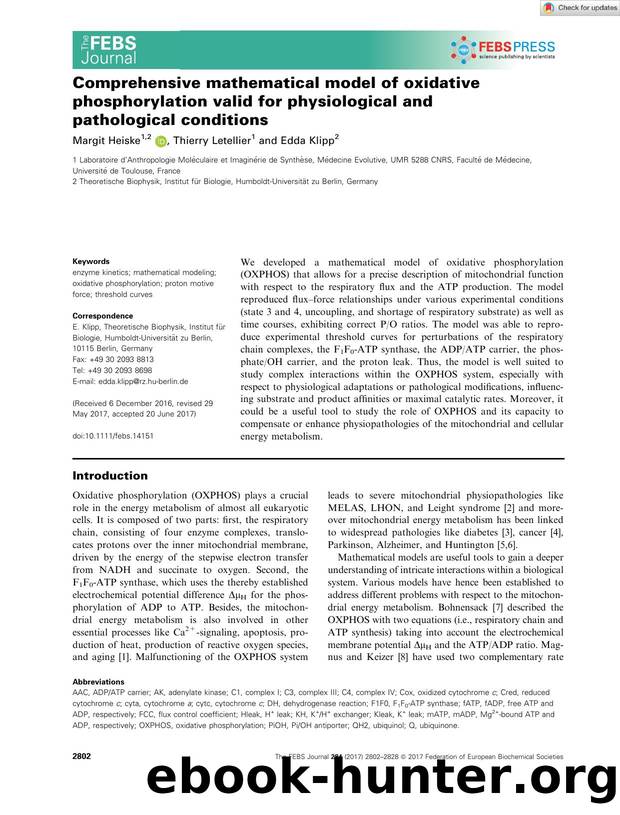 Comprehensive mathematical model of oxidative phosphorylation valid for physiological and pathological conditions by Unknown