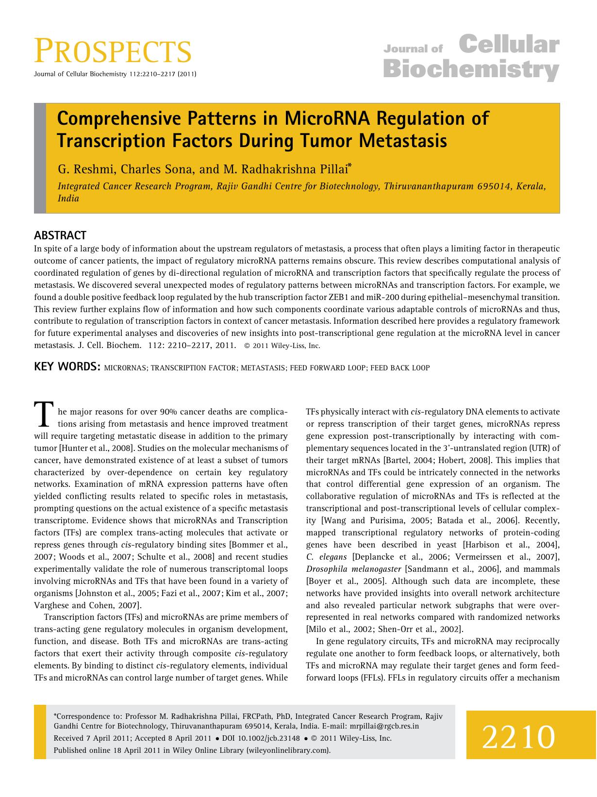 Comprehensive patterns in microRNA regulation of transcription factors during tumor metastasis by Unknown